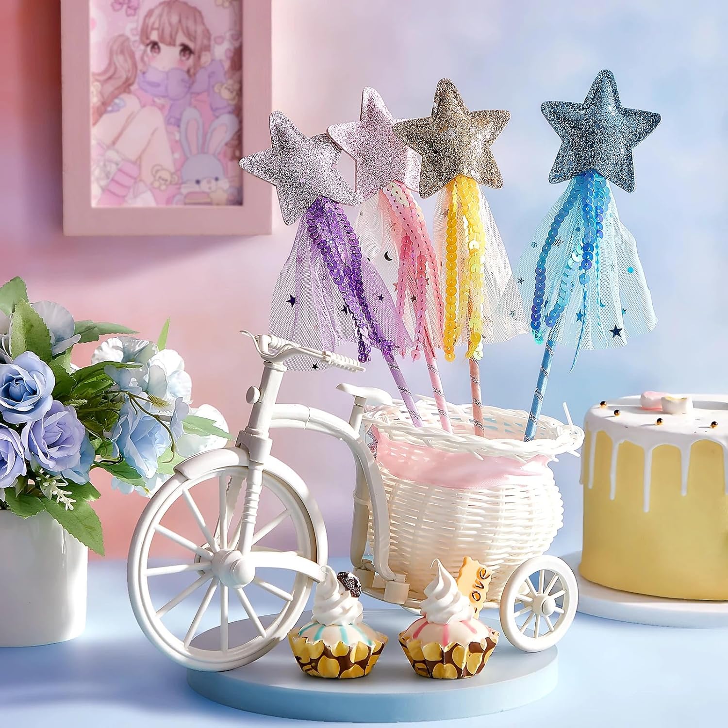 24 Pcs Glitter Star Magic Wand Princess Wand Fairy Angel Star Stick with Ribbon for Girl Kid Birthday Wedding Princess Dress up Role Play Party Supply Favor, Pink Purple Gold Blue - Image 5