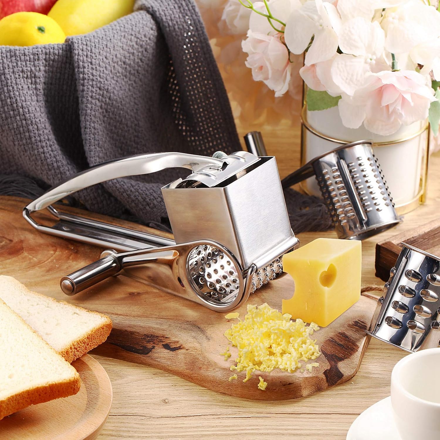 Rotary Cheese Grater Stainless Steel Handheld Rotary Parmesan Grater Cheese Cutter Slicer Shredder with 4 Stainless Drum for Grating Hard Chocolate Nuts Kitchen Tool - Image 2