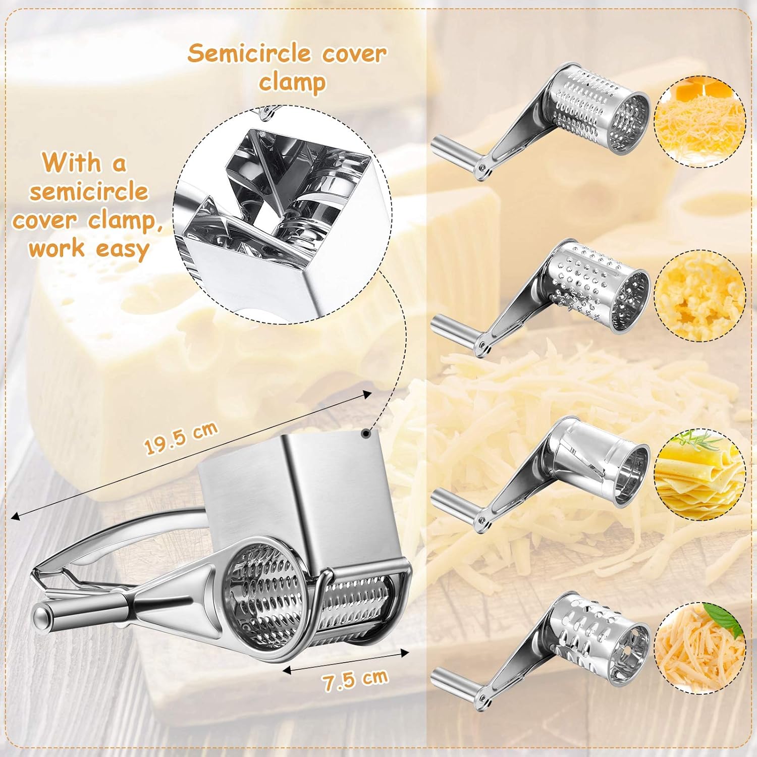 Rotary Cheese Grater Stainless Steel Handheld Rotary Parmesan Grater Cheese Cutter Slicer Shredder with 4 Stainless Drum for Grating Hard Chocolate Nuts Kitchen Tool - Image 3