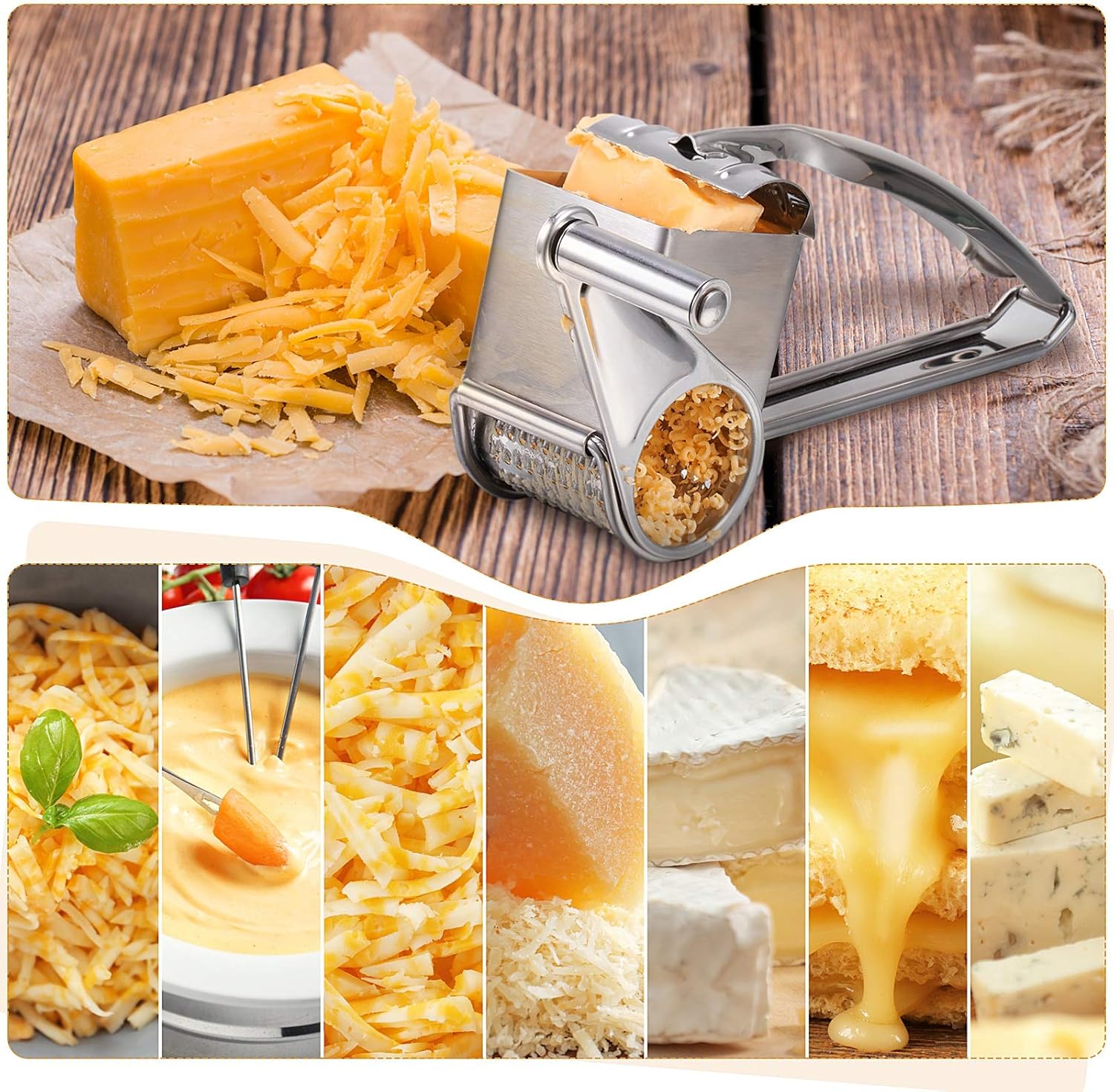 Rotary Cheese Grater Stainless Steel Handheld Rotary Parmesan Grater Cheese Cutter Slicer Shredder with 4 Stainless Drum for Grating Hard Chocolate Nuts Kitchen Tool - Image 7