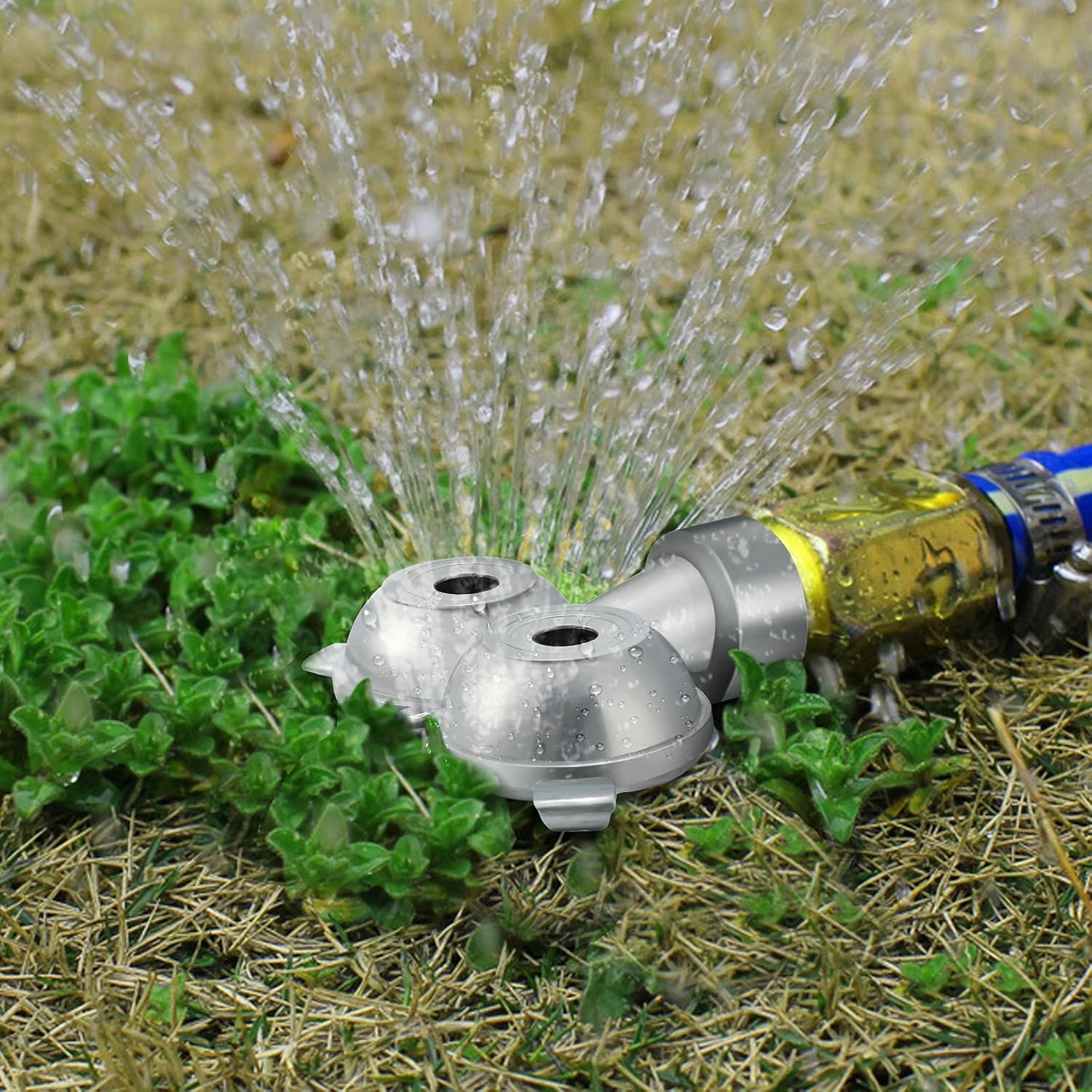 2 Pcs Circle Pattern Twin Spot Sprinkler Metal Lawn Garden Rotating Water Spray Sprinkler 360 Degree for Lawn Yard, Silver - Image 6