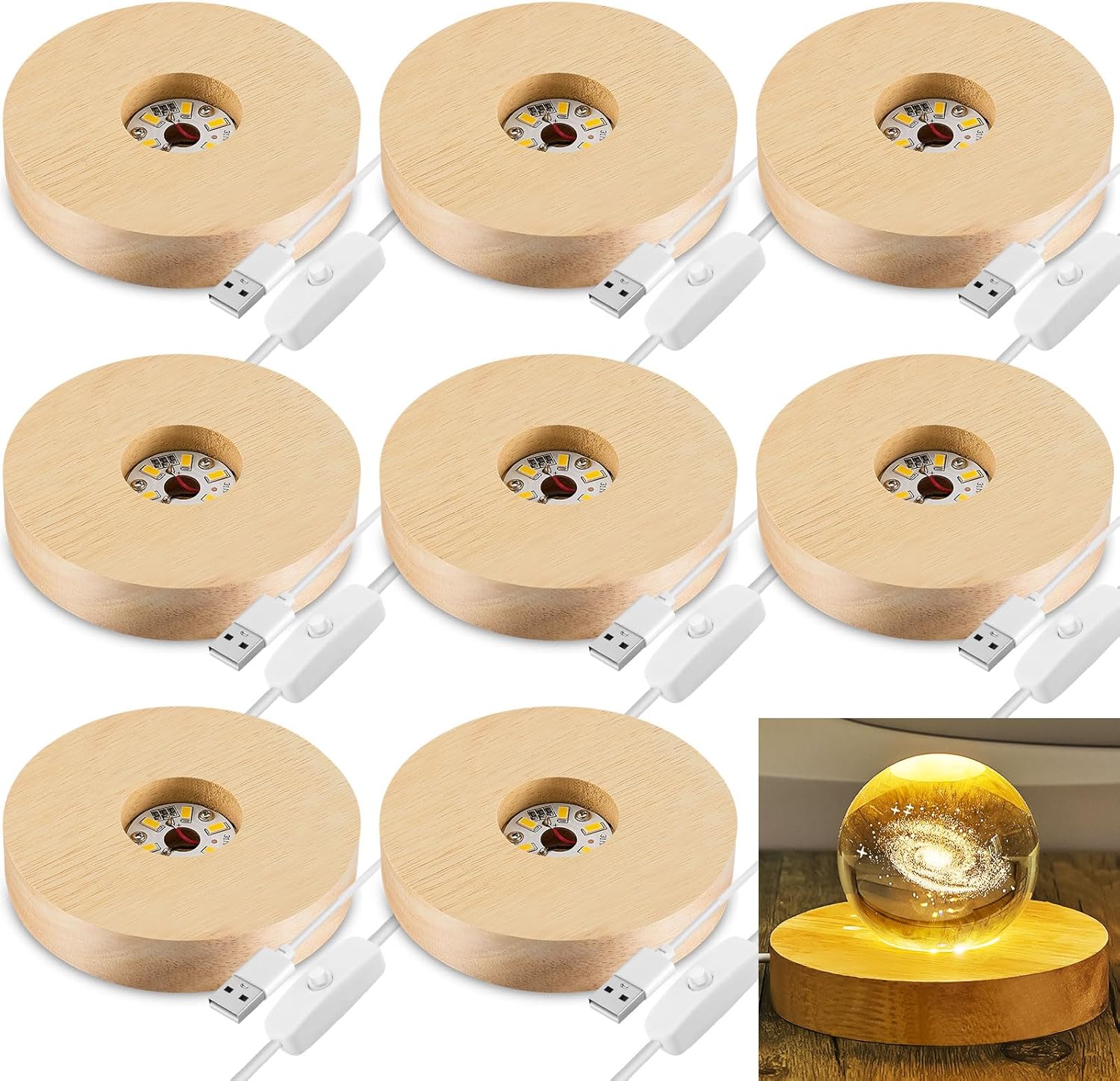 8 Pcs Wooden LED Display Base Lighted Base for Crystal Art Wood Display for Glass Art 3D Crystal Warm Light(Round Surface Style) - Image 1