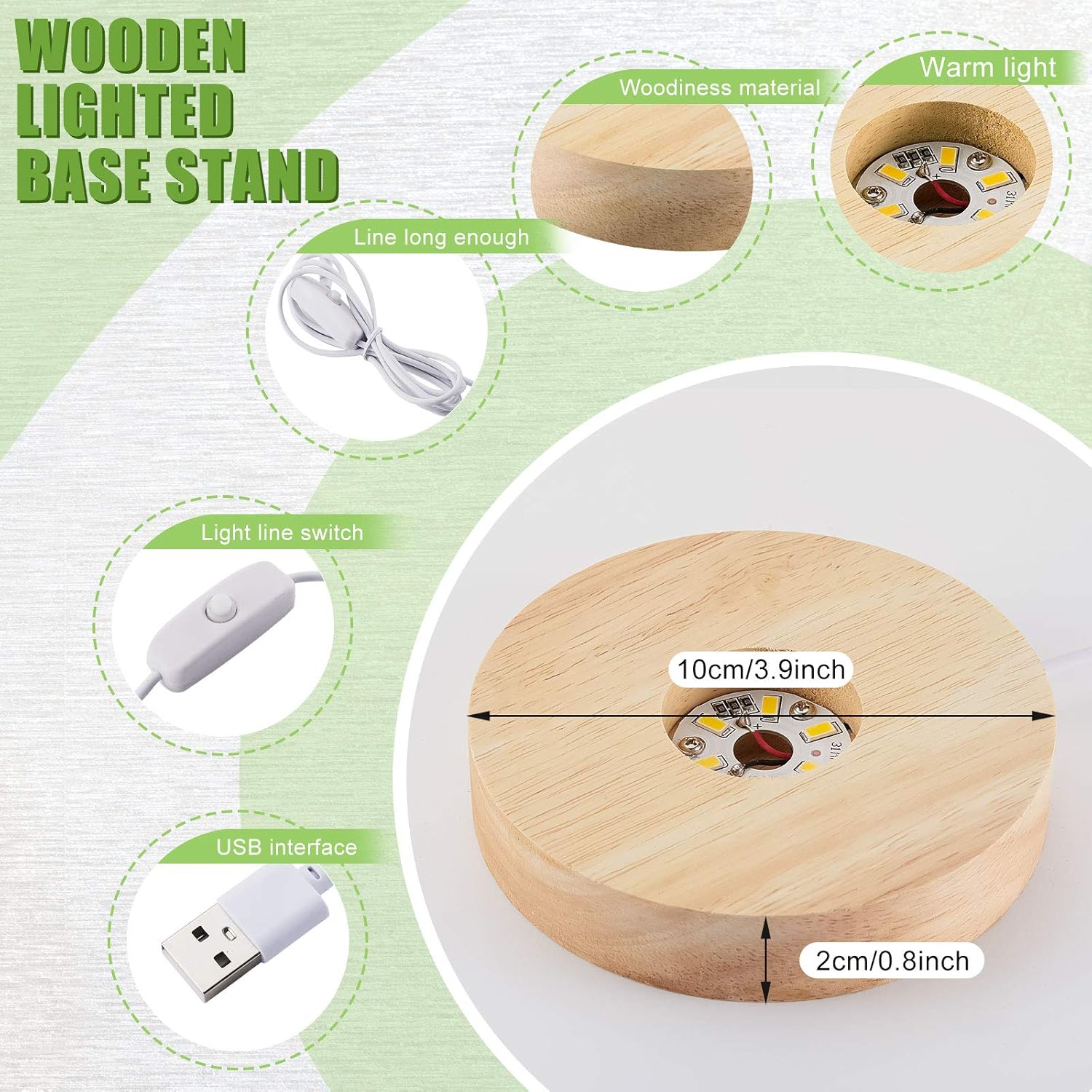 8 Pcs Wooden LED Display Base Lighted Base for Crystal Art Wood Display for Glass Art 3D Crystal Warm Light(Round Surface Style) - Image 2