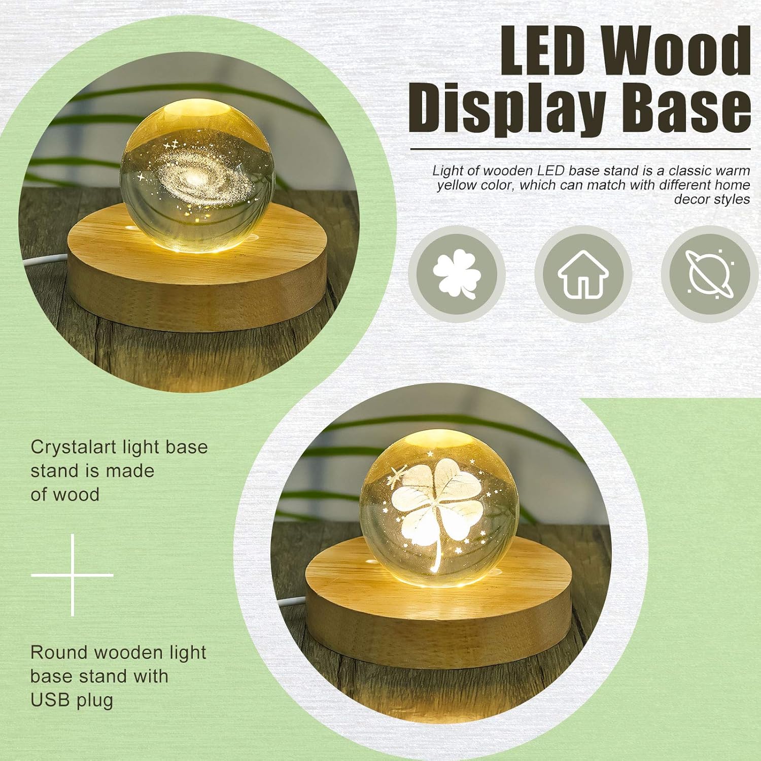 8 Pcs Wooden LED Display Base Lighted Base for Crystal Art Wood Display for Glass Art 3D Crystal Warm Light(Round Surface Style) - Image 3