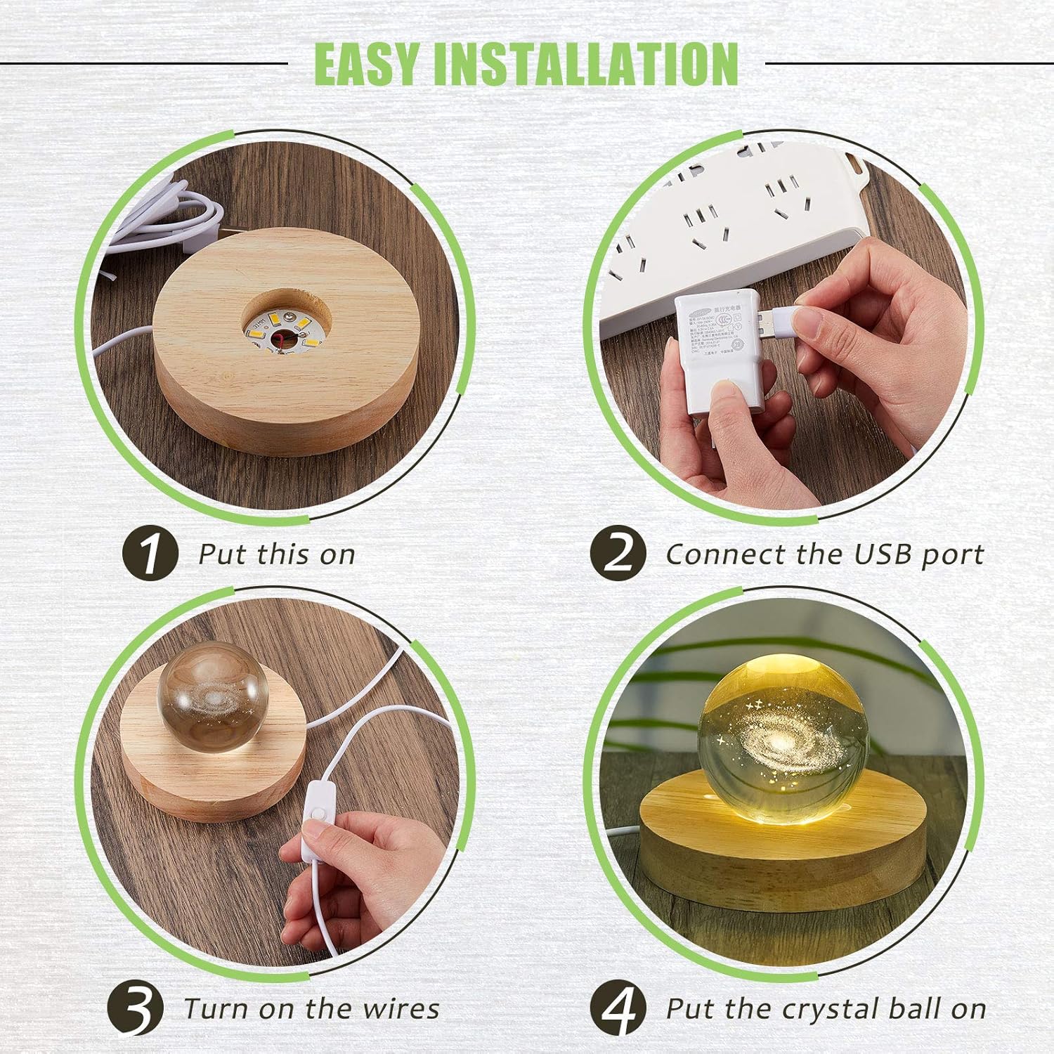 8 Pcs Wooden LED Display Base Lighted Base for Crystal Art Wood Display for Glass Art 3D Crystal Warm Light(Round Surface Style) - Image 4