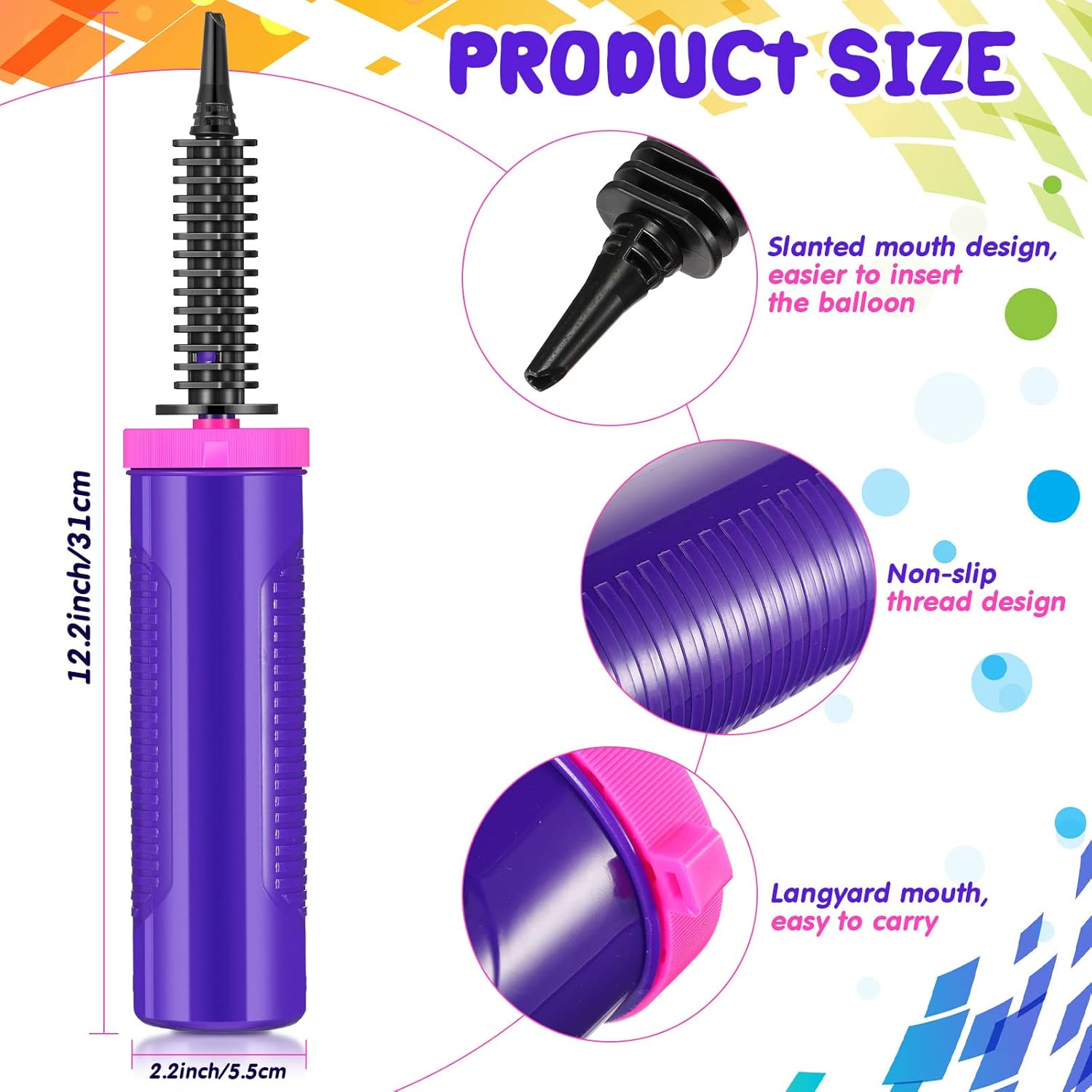 16 Pcs Handheld Balloon Air Pump Inflator Air Pump for Balloons, 2 Way Dual Action Manual Balloon Inflator for Birthday Party Decoration Exercise Yoga Balls Pool Floats, 12 Inch (Rose Red and Purple) - Image 5