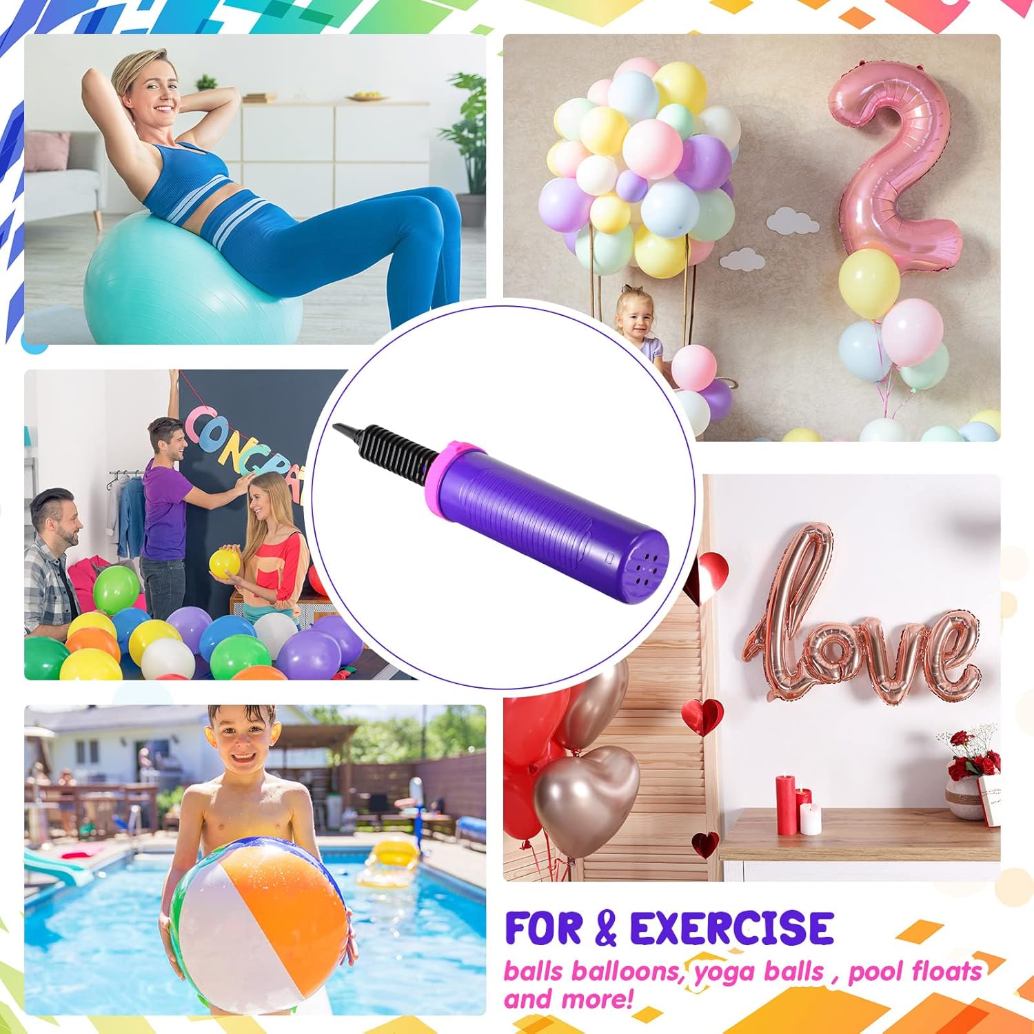 16 Pcs Handheld Balloon Air Pump Inflator Air Pump for Balloons, 2 Way Dual Action Manual Balloon Inflator for Birthday Party Decoration Exercise Yoga Balls Pool Floats, 12 Inch (Rose Red and Purple) - Image 7
