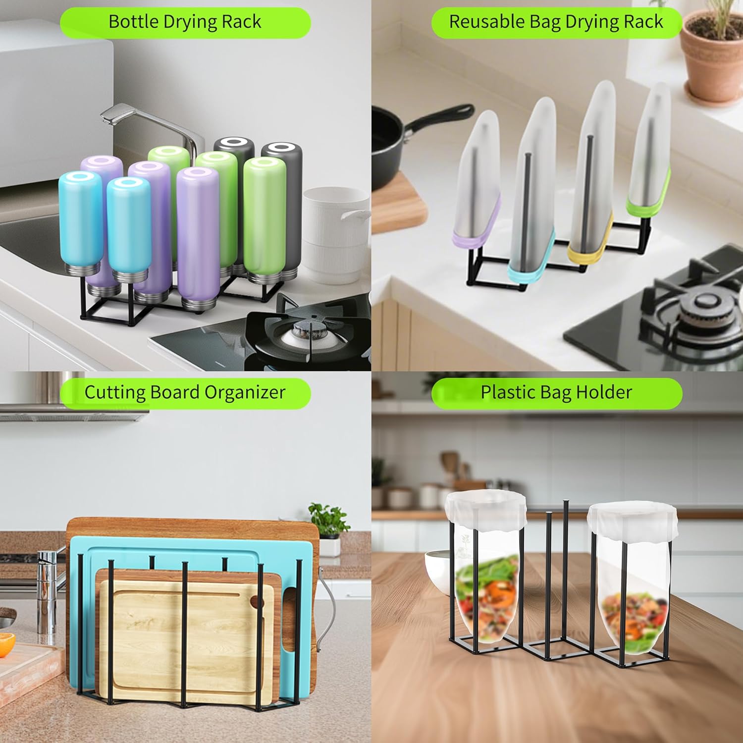 Collapsible Bottle Drying Rack, Foldable Baby Bottle Drying Rack, Portable Drainer Stand Holder for Water Bottles, Cup, Reusable Silicone Bag, Cutting Board (Black) - Image 4