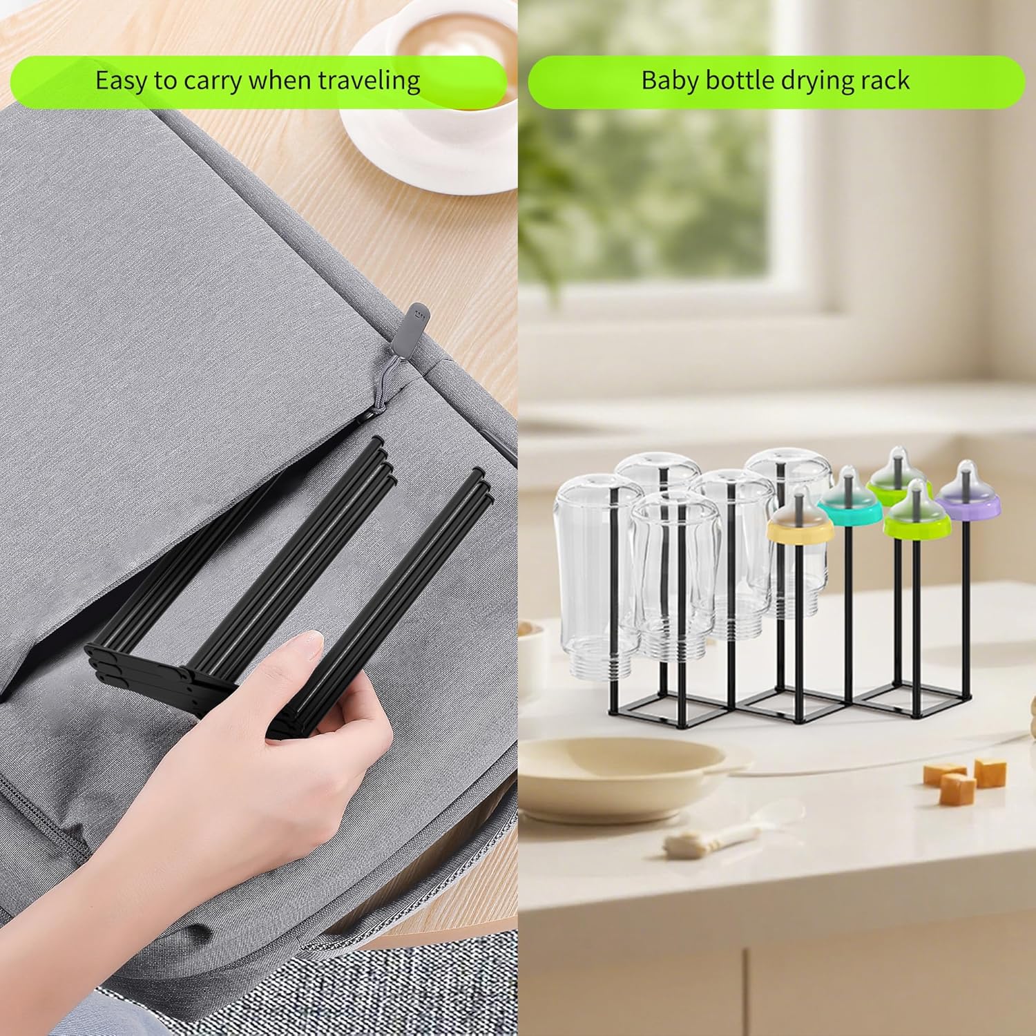 Collapsible Bottle Drying Rack, Foldable Baby Bottle Drying Rack, Portable Drainer Stand Holder for Water Bottles, Cup, Reusable Silicone Bag, Cutting Board (Black) - Image 5