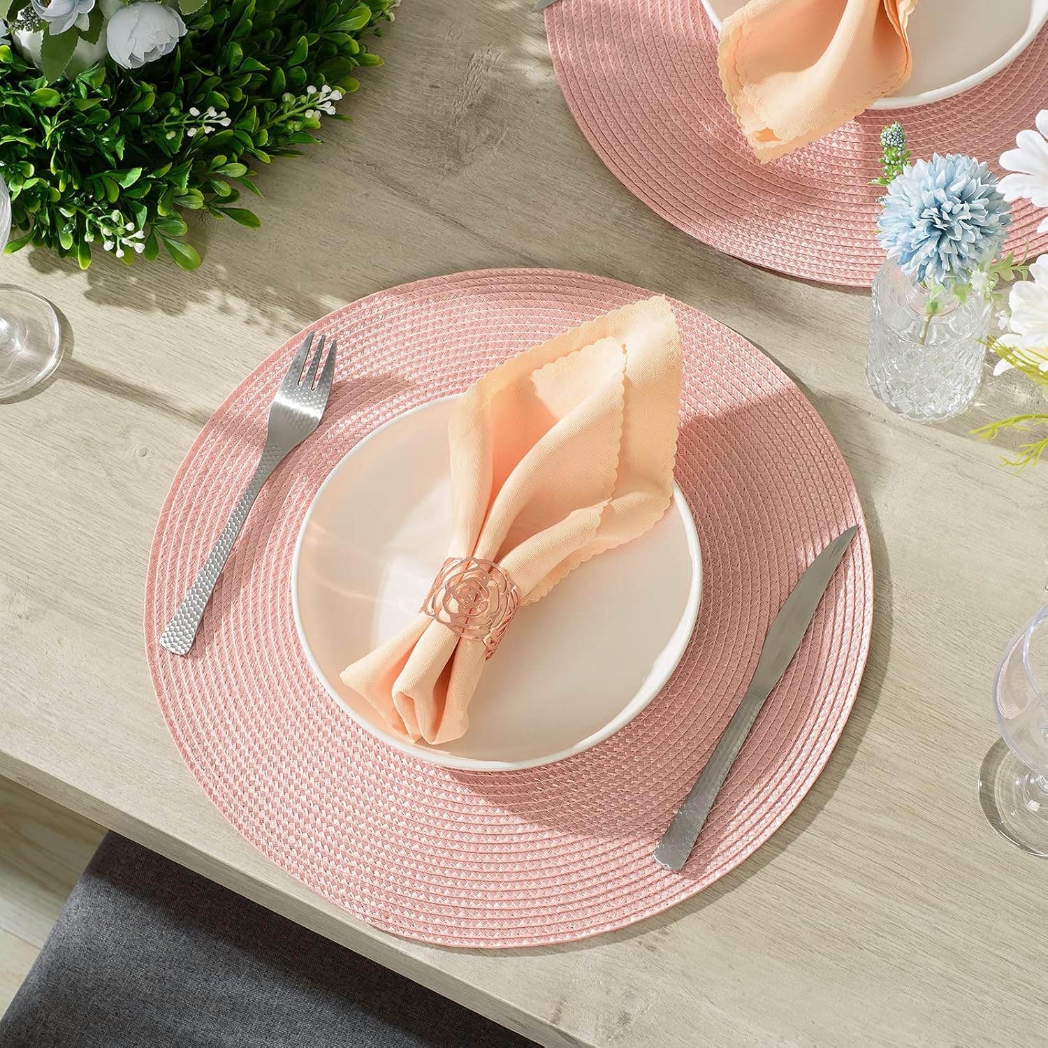 Round Braided Placemats 15 Inch Round Table Mats for Dining Tables Natural Woven Heat Resistant Place mats Set of 6 (Pink) - Image 5
