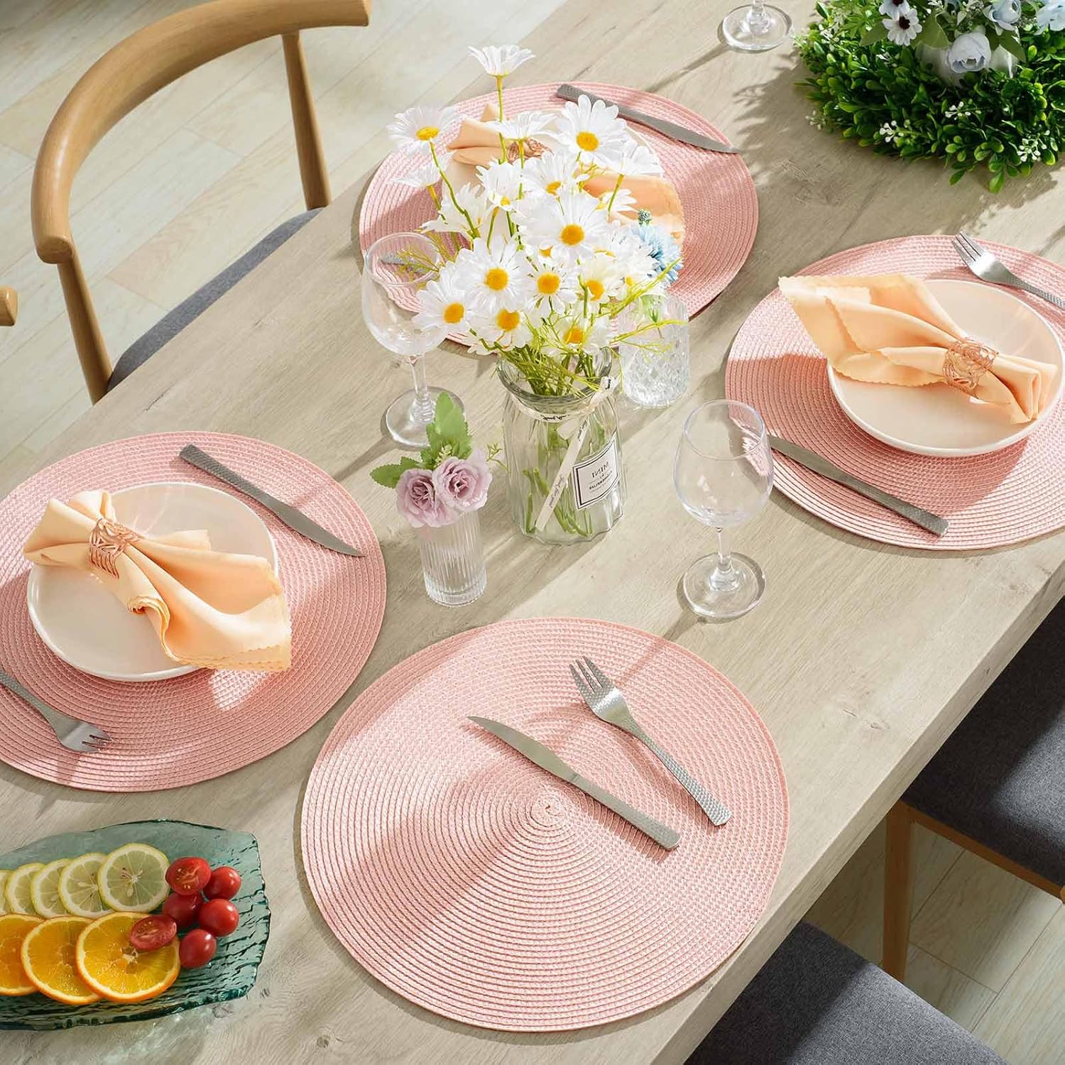 Round Braided Placemats 15 Inch Round Table Mats for Dining Tables Natural Woven Heat Resistant Place mats Set of 6 (Pink) - Image 6