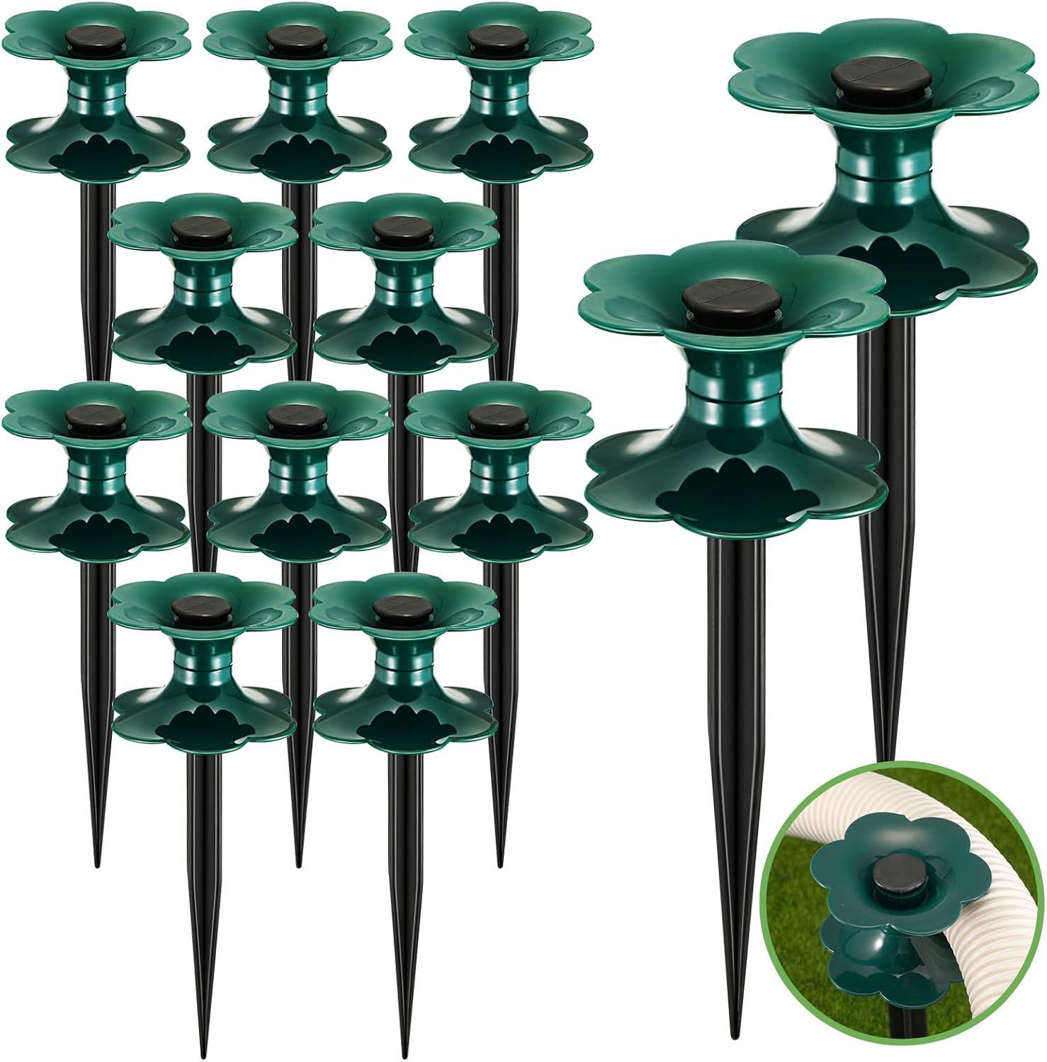 12 Packs 9.84 Inch Garden Hose Guide Spike, Flower Shaped Water Hose Holder Spike Stand with Stake, Heavy Duty Green, Keeps Garden Hose out of Flower Beds, for Plant Protection - Image 1
