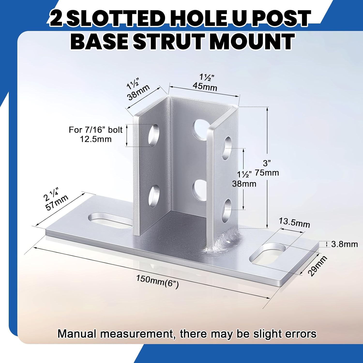 8 Pcs 2 Slotted Hole U Post Base Strut Mount for 1-5/8 Square Single Channel Carbon Steel Q235B, Ground Floors Universal Fence Post Base Sign for Rack Mount Track System - Image 2