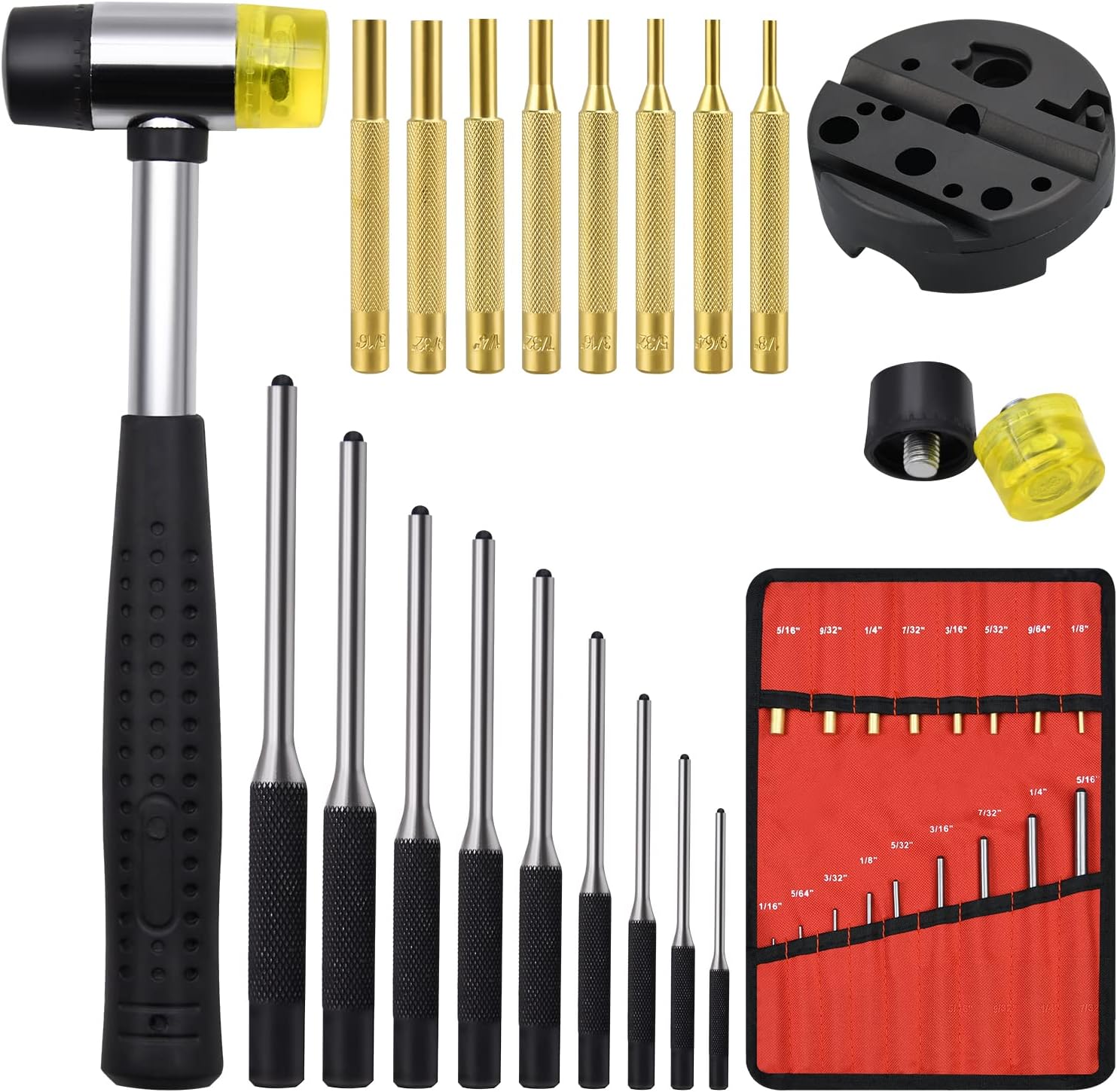 Pin Punch Set, 22pcs Removing Repair Tools, Including Universal Block, Brass Pin Punches, Steel Pin Punches and Hammer - Image 1