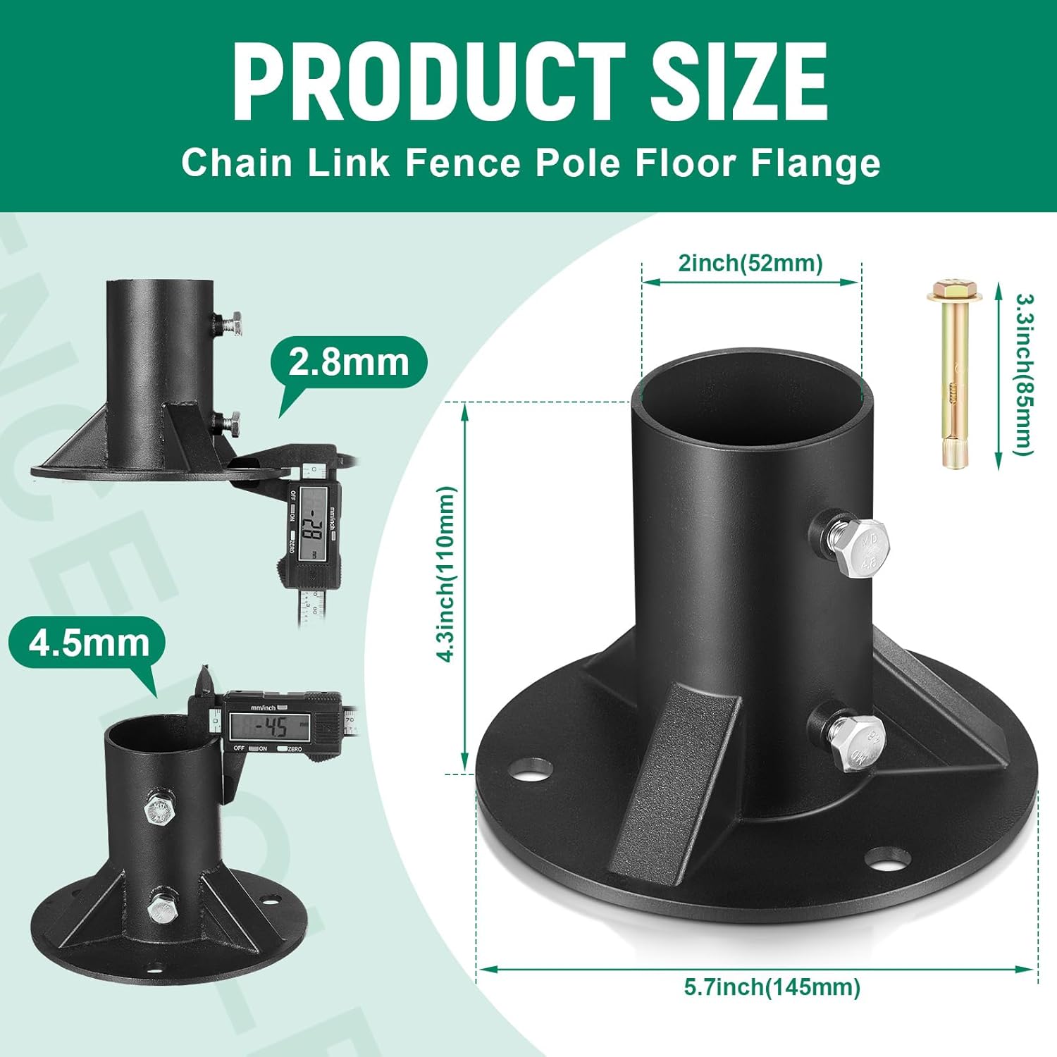 2 Pack Chain Link Fence Post 2'' Floor Flange Heavy Duty Round Post Base Bracket (od 1-7/8'') Fits Fence Mailbox Railing Deck Flag Column Stair Handrail with Expansion Bolts and Screws - Image 2