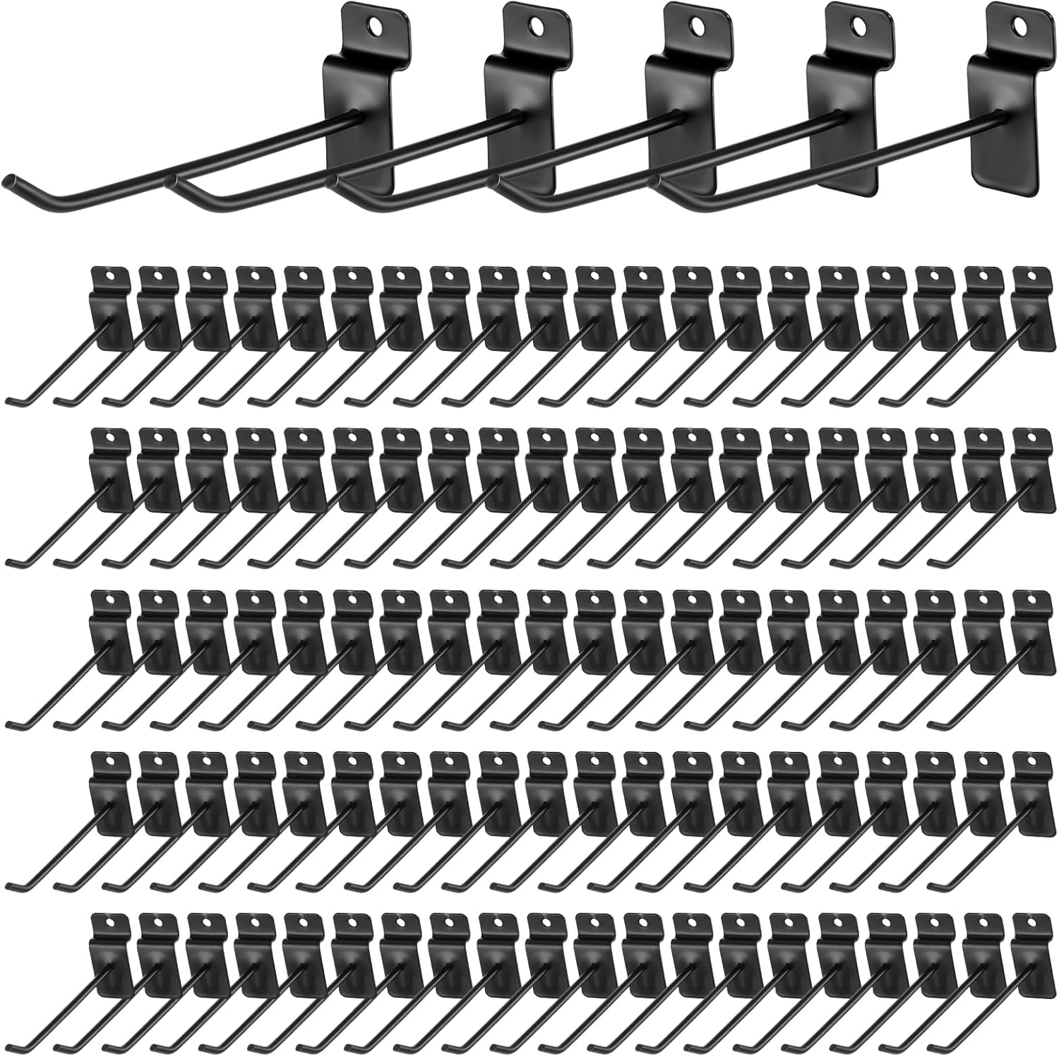 200 Pcs 6 Inches Slatwall Hooks Accessories Black Slat Wall Hanging Hangers Metal Retail Hooks Shelf Brackets Pegs for Pegboard Garage Display - Image 1