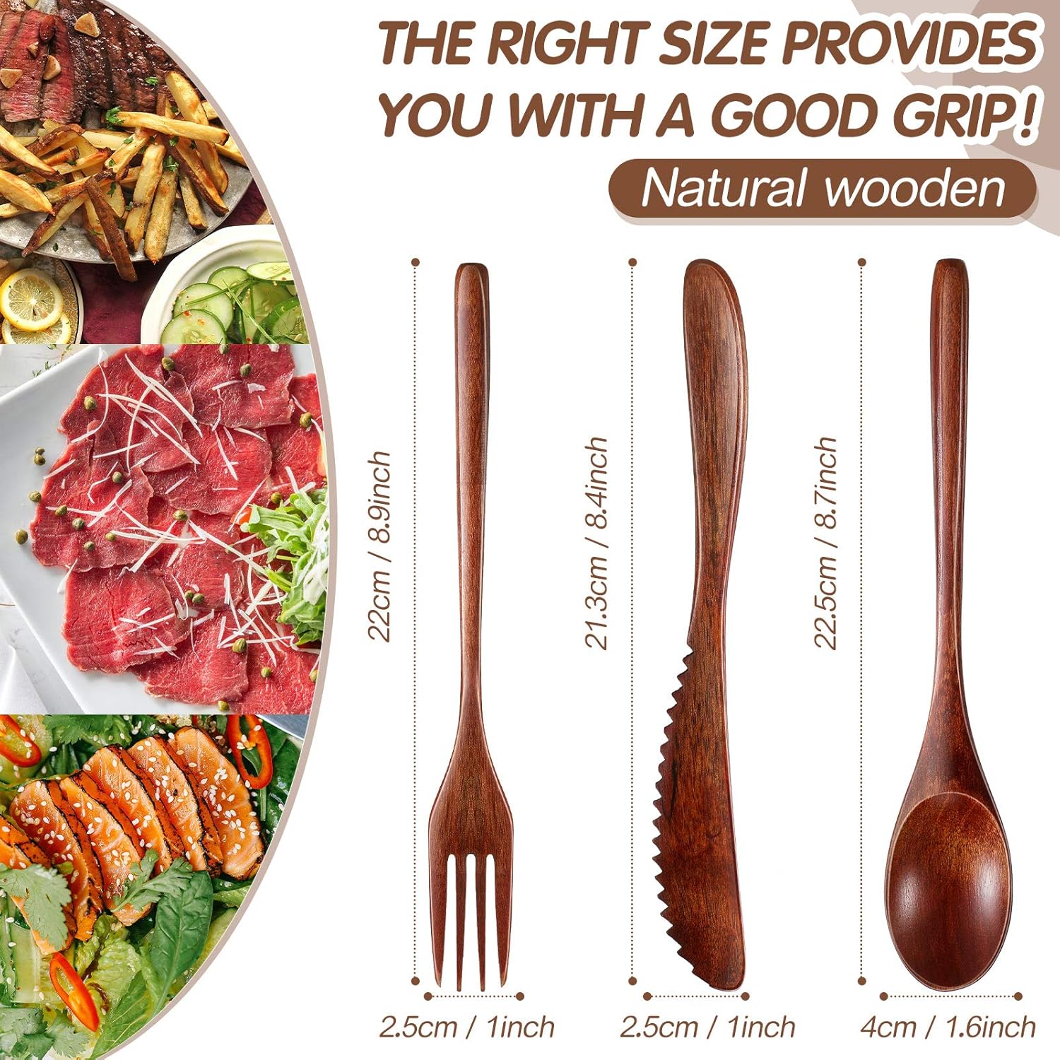 12 Pcs Wooden Utensils for Eating Wooden Spoon Fork Knife Cutlery Set Kitchen Wood Dinner Flatware Tableware Set Includes Spoon, Fork, Knife - Image 2