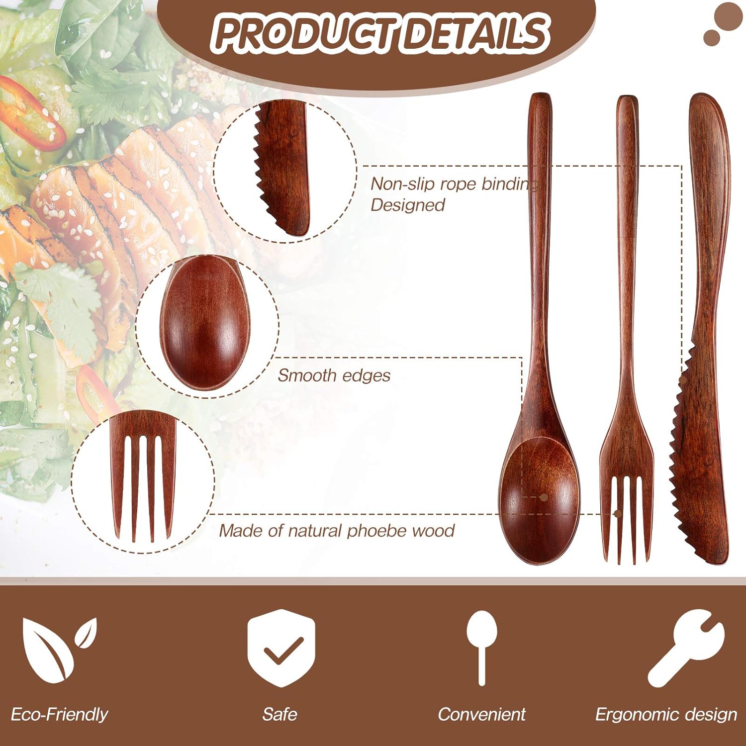 12 Pcs Wooden Utensils for Eating Wooden Spoon Fork Knife Cutlery Set Kitchen Wood Dinner Flatware Tableware Set Includes Spoon, Fork, Knife - Image 3