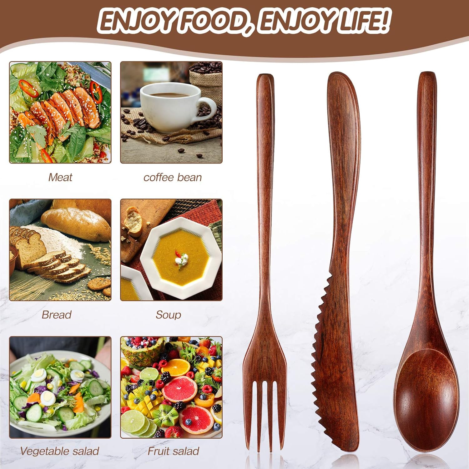12 Pcs Wooden Utensils for Eating Wooden Spoon Fork Knife Cutlery Set Kitchen Wood Dinner Flatware Tableware Set Includes Spoon, Fork, Knife - Image 5
