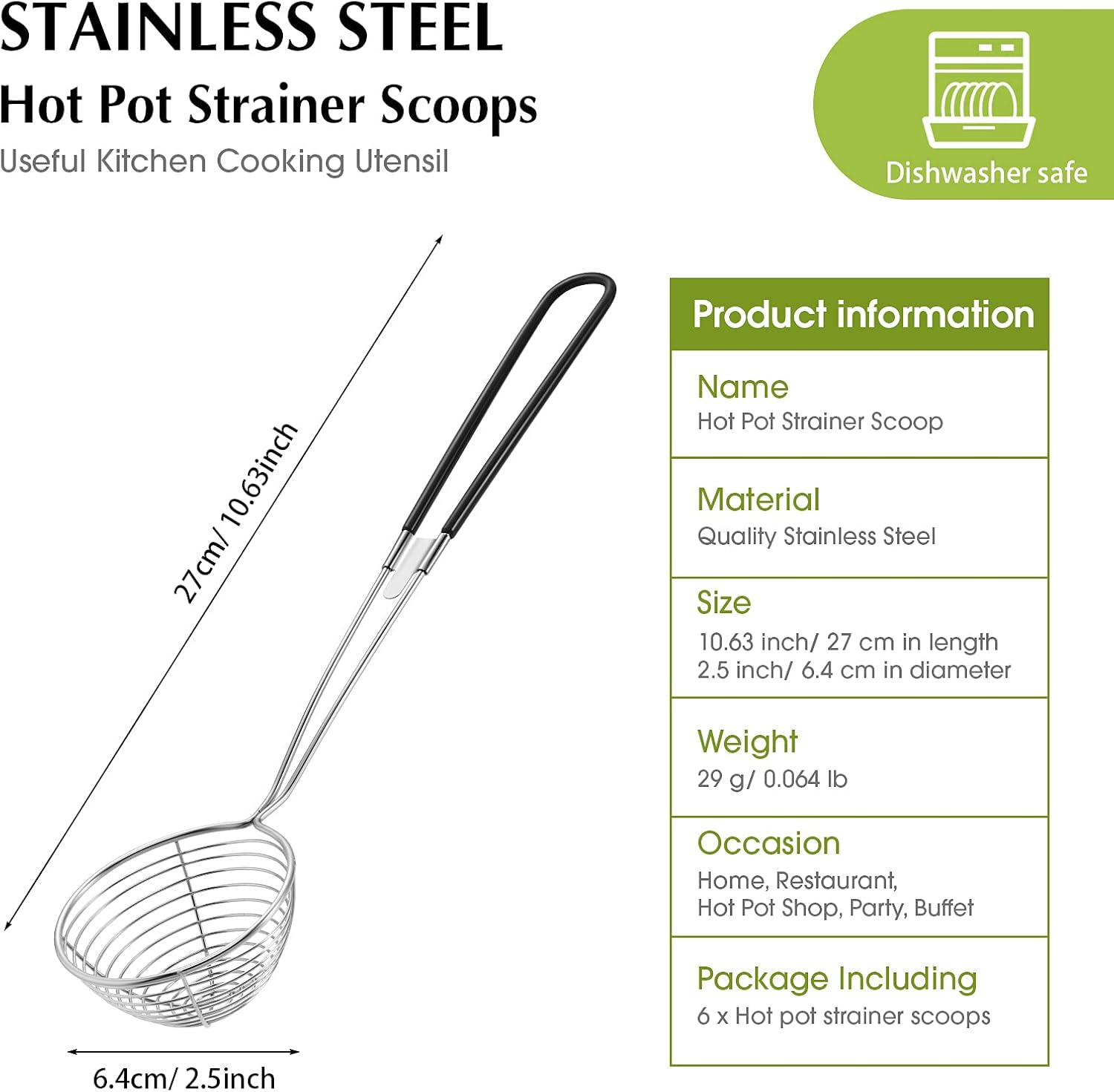 6 Pieces Hot Pot Kit Strainer Scoops Stainless Steel 2.5 Inch Mini Spider Strainer Skimmer Pasta Mesh Spoon Asian Skimmer Spoon Ladle with Handle for Home (Black) - Image 2