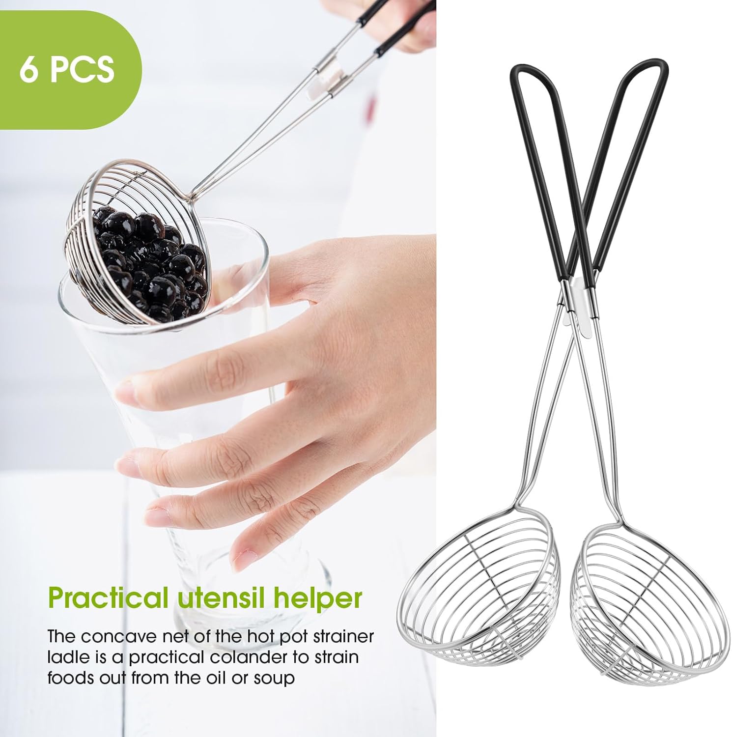 6 Pieces Hot Pot Kit Strainer Scoops Stainless Steel 2.5 Inch Mini Spider Strainer Skimmer Pasta Mesh Spoon Asian Skimmer Spoon Ladle with Handle for Home (Black) - Image 5