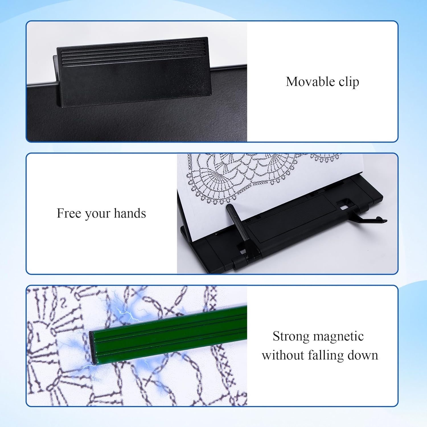 Knitting Pattern Holder with 6 Color Replacement Magnets 1 Magnifying Ruler,Cross Stitch Supplies and Accessories for Crafts Work, 12