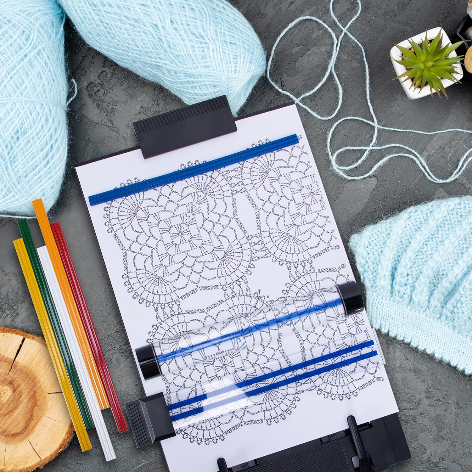 Knitting Pattern Holder with 6 Color Replacement Magnets 1 Magnifying Ruler,Cross Stitch Supplies and Accessories for Crafts Work, 12