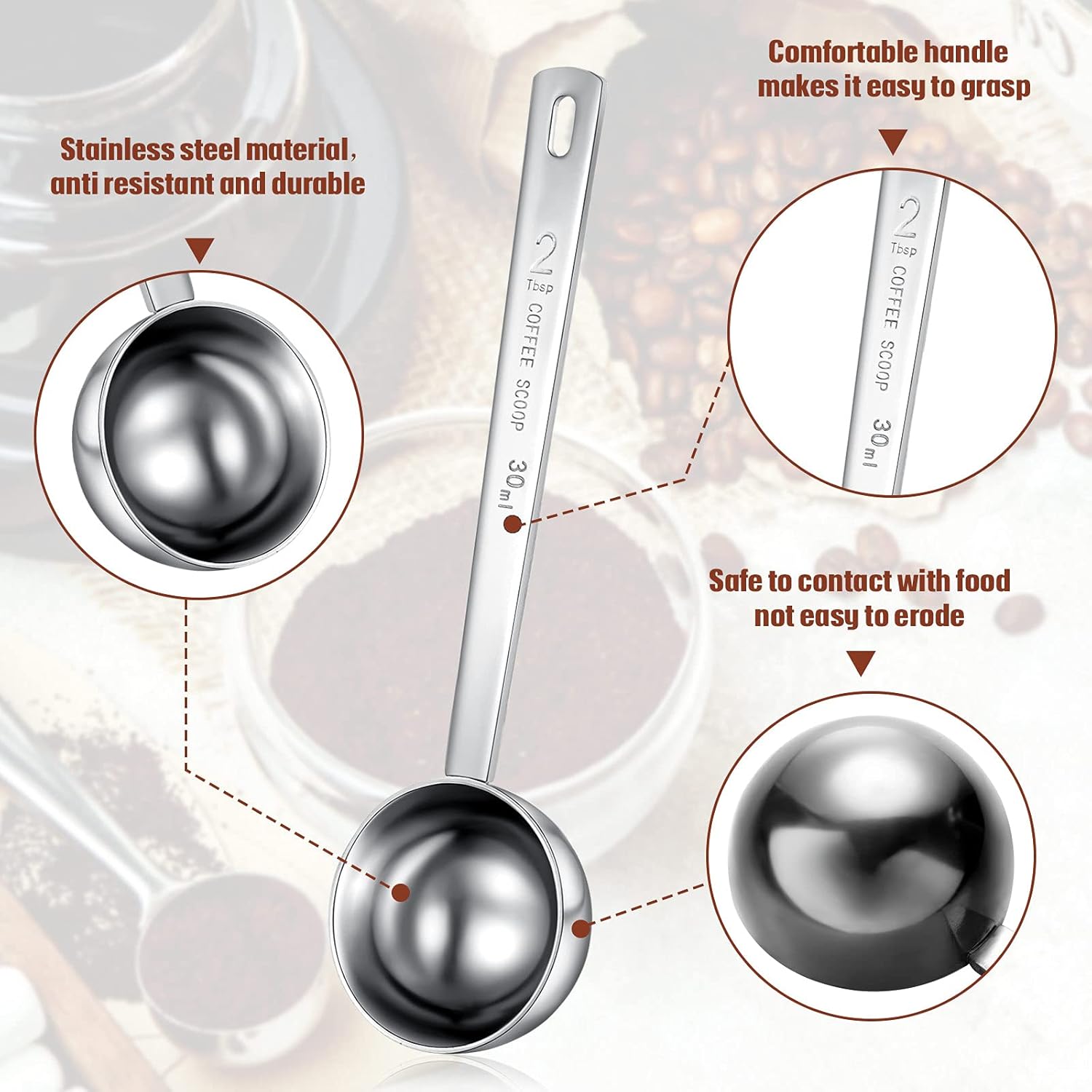 4 Pieces 2 Tablespoon Scoops with Long Handle, 30 ml Stainless Steel Measuring Spoon for Coffee Milk Fruit Powder, Loose Tea Dry, Spice Jar, Cooking Baking, and Other Dry Goods - Image 2