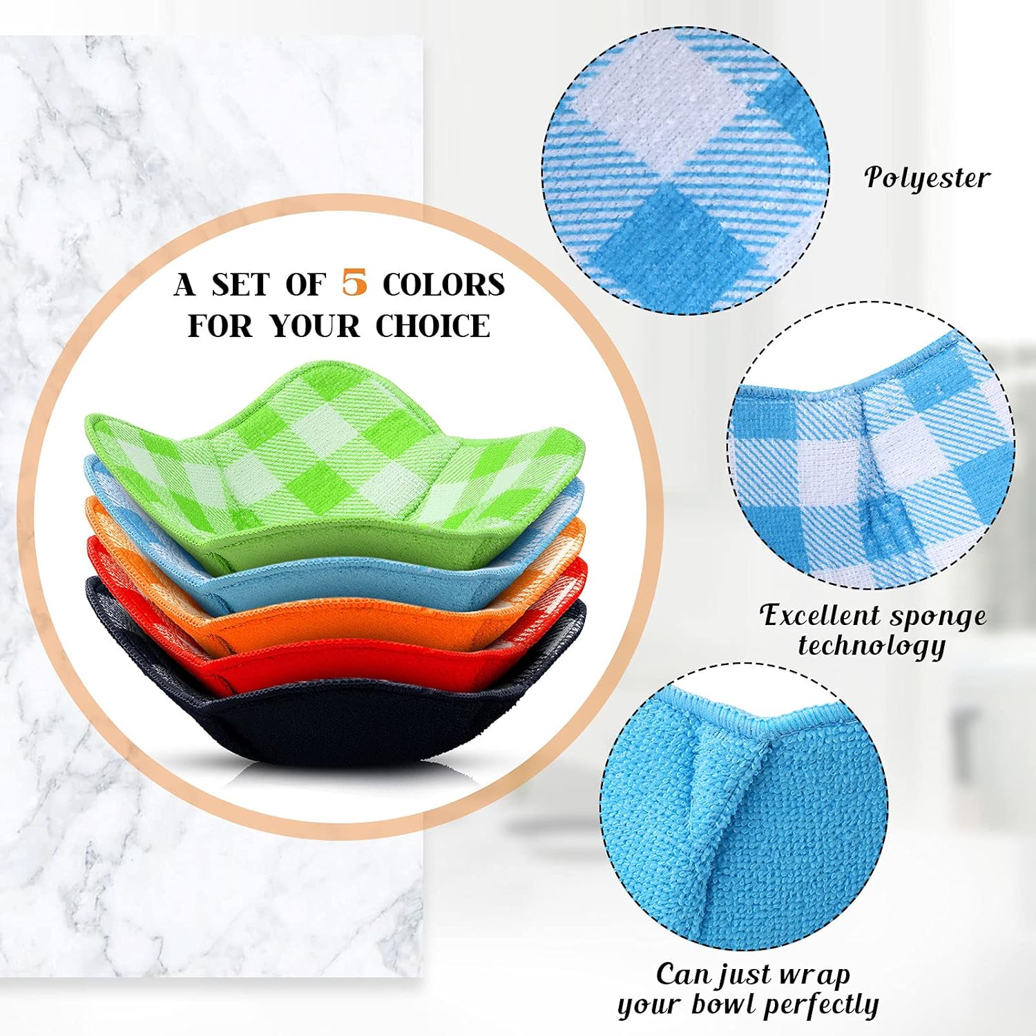 5 Pieces Hot Bowl Holder Microwave Safe Bowl Cozies Multipurpose Heat Proof Plate Holder to Prevent Hand from Heat and Maintain Food Warm (Red, Blue, Green, Yellow, Black) - Image 2