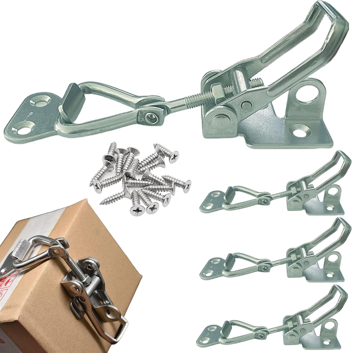 4PCS Thickened Stainless Steel Toggle Latch Clamp Adjustable Heavy Duty Pull Hasp Latches Toggle Latch Clamp with Lock Hole Toggle Latch Catch Set for Trunk Jig Smoker Door and Tool Boxes (Silver) - Image 1