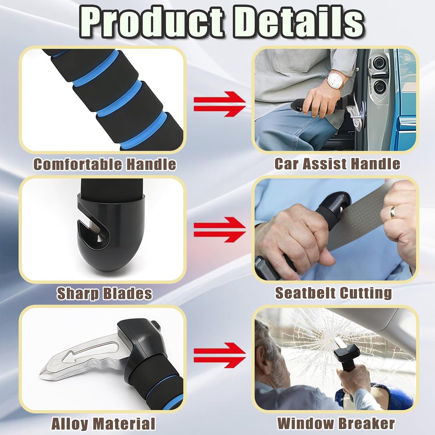 Portable Car Handle Assist Support with Grab Handle 3 in 1 Automotive Door Assist Handle Suitable for All U-Shaped Latch Cars Combined with Seatbelt Cutter and Window Breaker (Blue-2Pcs) - Image 3
