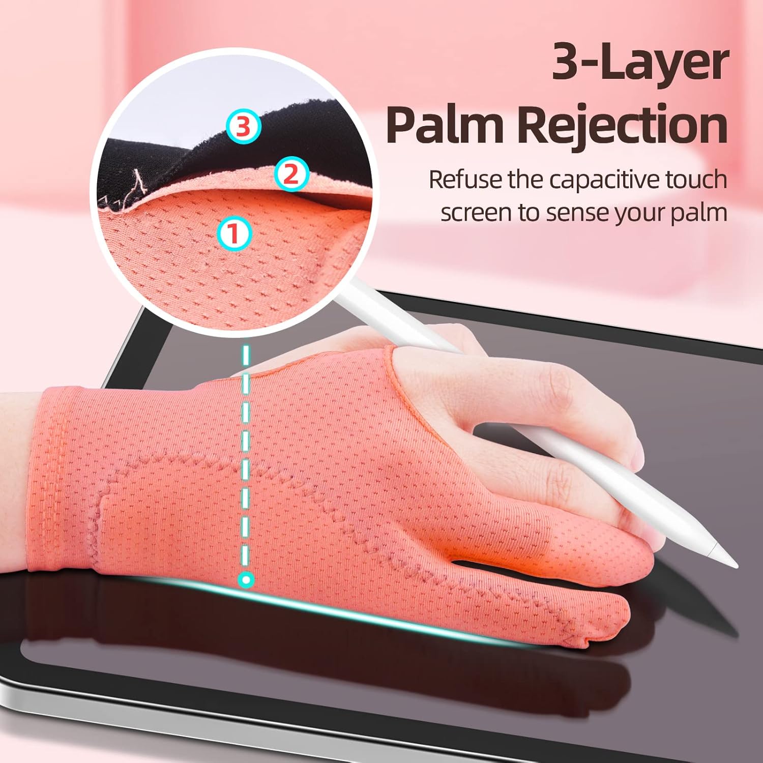 Artist Drawing Glove 3-Layer Palm Rejection [2 Pack Black and Pink] - Image 3