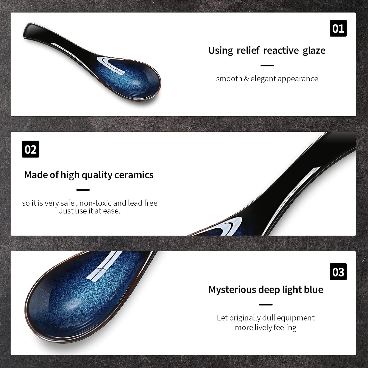 4 Pieces Asian Ceramic Soup Spoons Set Long Handle Chinese Spoons Retro Blue Japanese Ramen Bowl Soup Spoon Suitable for Gravy, Cake, Oatmeal, Dumplings - Image 2