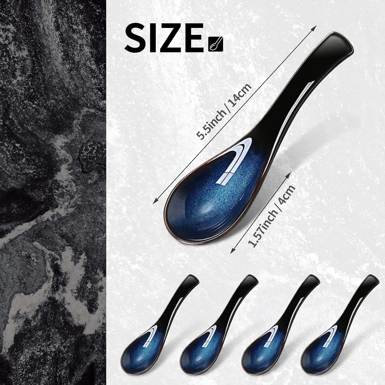 4 Pieces Asian Ceramic Soup Spoons Set Long Handle Chinese Spoons Retro Blue Japanese Ramen Bowl Soup Spoon Suitable for Gravy, Cake, Oatmeal, Dumplings - Image 3