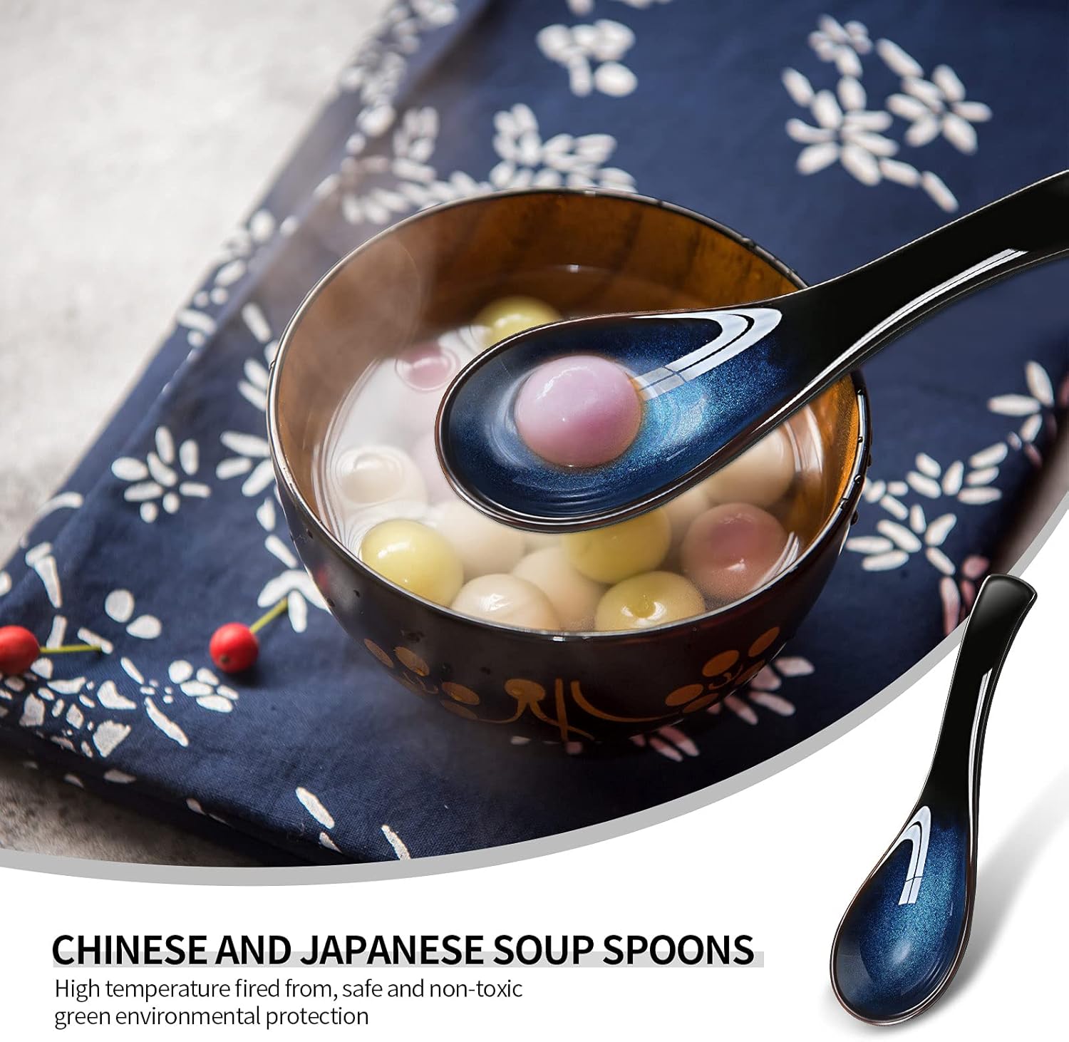 4 Pieces Asian Ceramic Soup Spoons Set Long Handle Chinese Spoons Retro Blue Japanese Ramen Bowl Soup Spoon Suitable for Gravy, Cake, Oatmeal, Dumplings - Image 4