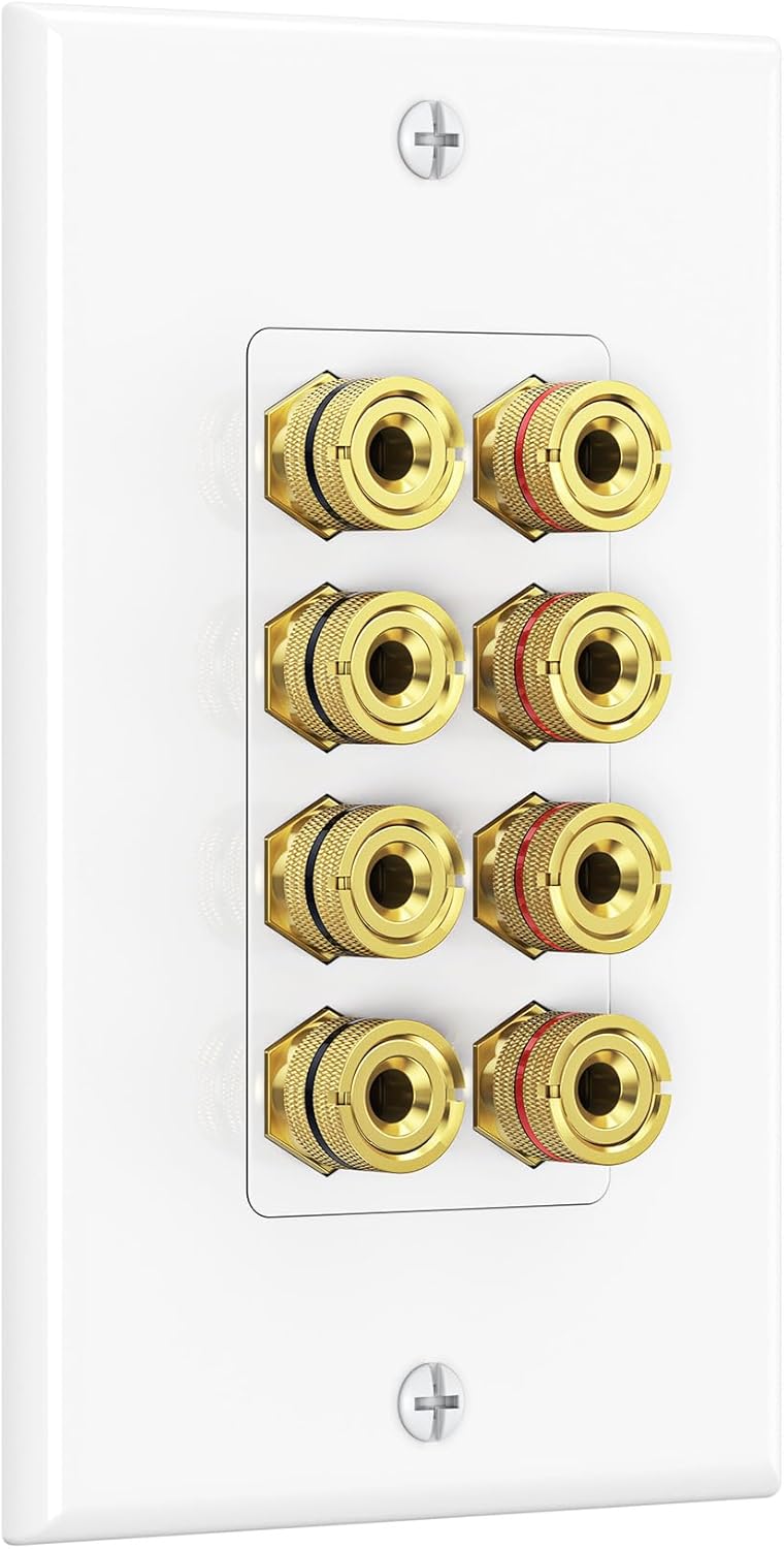 Speaker Wire Wall Plate, Gold Plated Speaker Wall Plate with Banana Plug Binding Post for 4 Speakers, White - Image 1