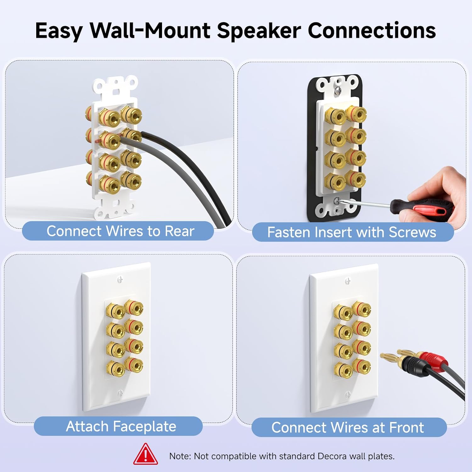 Speaker Wire Wall Plate, Gold Plated Speaker Wall Plate with Banana Plug Binding Post for 4 Speakers, White - Image 6