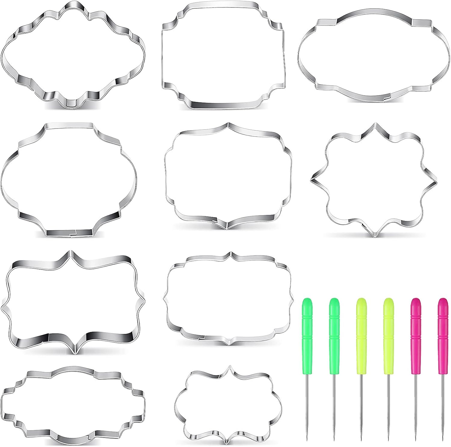 10 Pieces Plaque Frame Cookie Cutter Stainless Steel Biscuit Cutter Fondant Cake Decorating Tools and 6 Pieces Sugar Stirring Pins for Kitchen Baking - Image 1