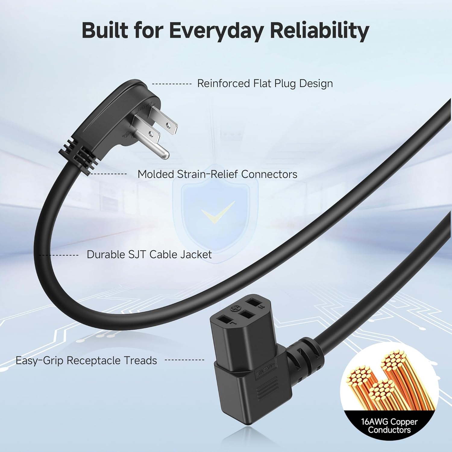 2-Pack 16 AWG Low Profile Right Angle Power Cord, 90 Degree Power Cord, 6 Feet (NEMA 5-15P to Angled IEC C13) - Image 4