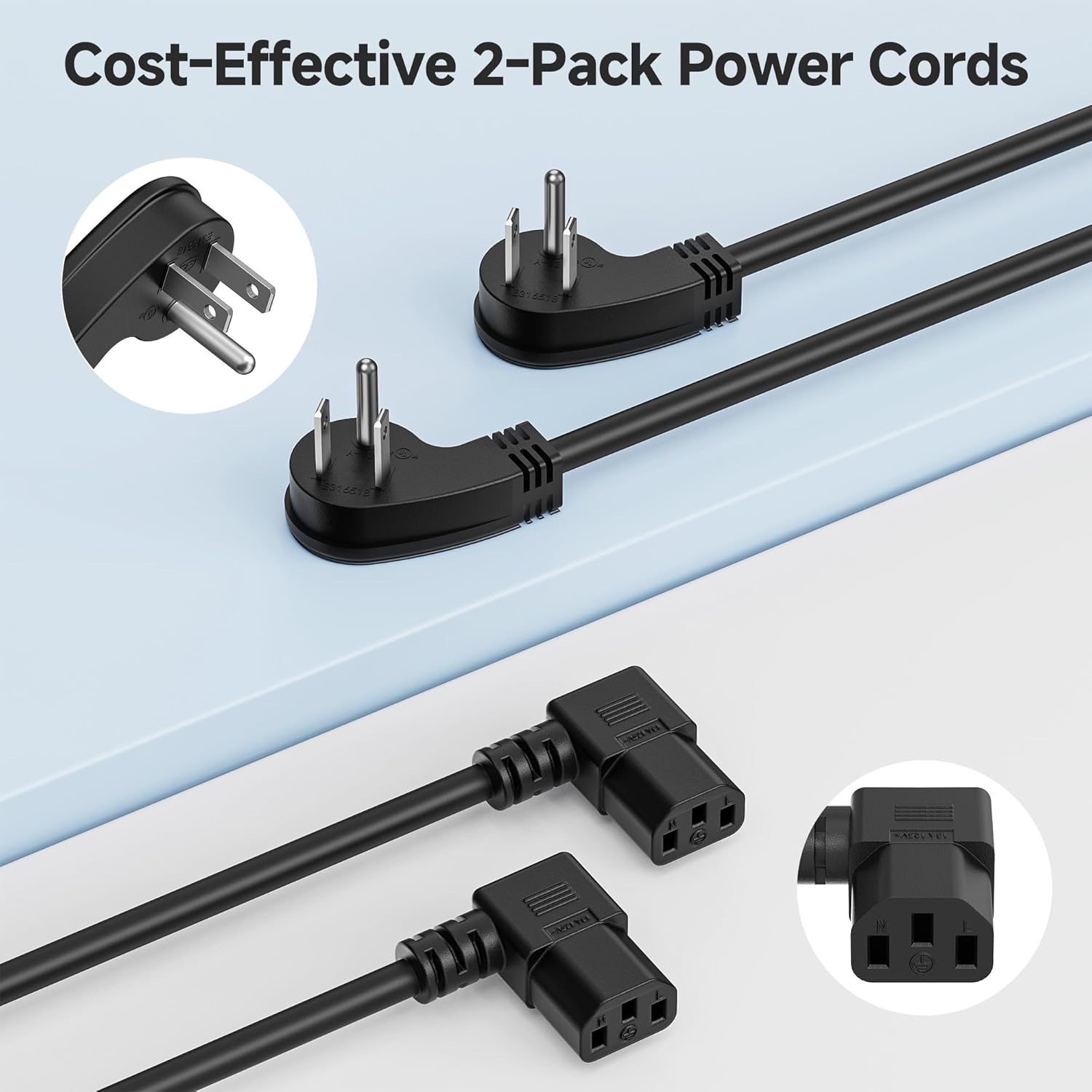 2-Pack 16 AWG Low Profile Right Angle Power Cord, 90 Degree Power Cord, 6 Feet (NEMA 5-15P to Angled IEC C13) - Image 7