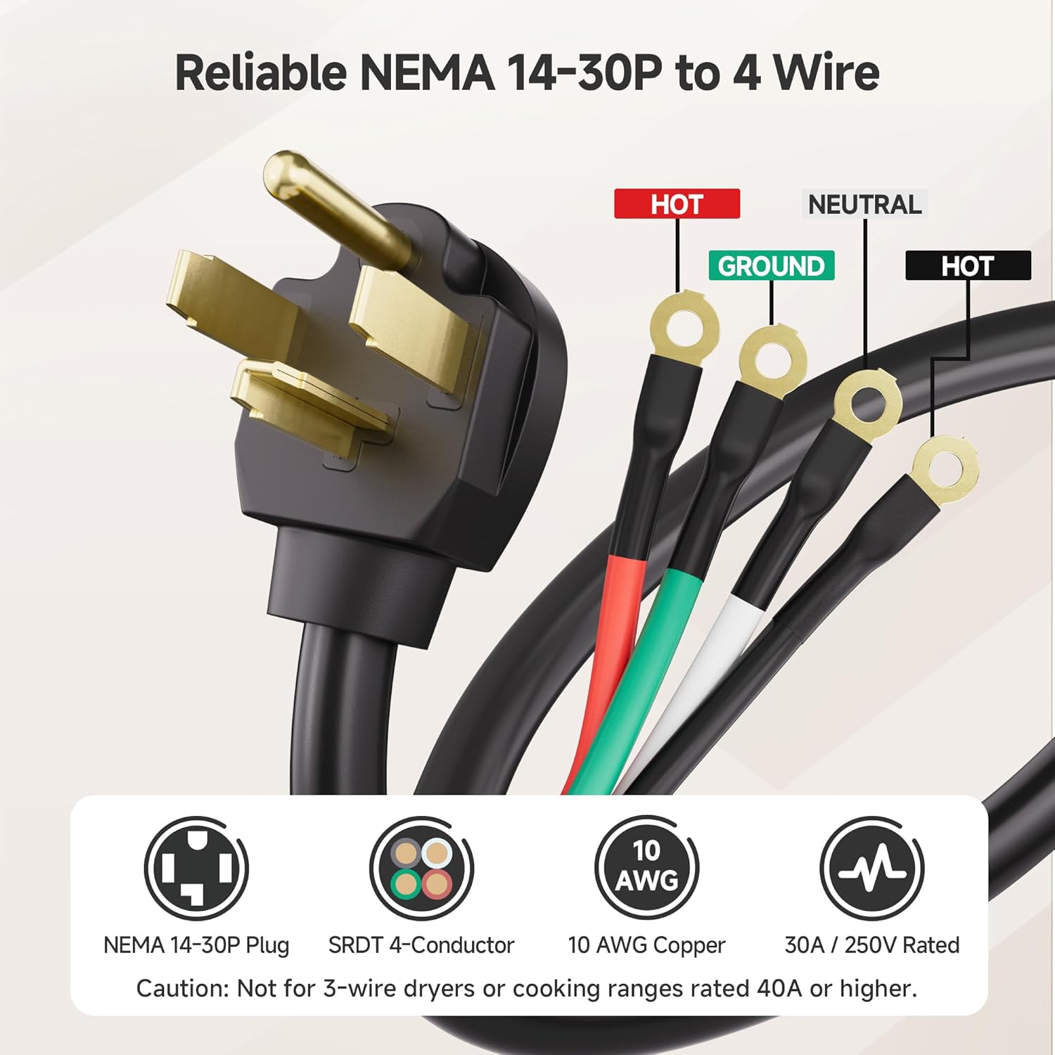 4 Prong Dryer Cord - 10ft, Supports 30A/250V/7500W, 10AWG, NEMA 14-30P to 4 Wire, Dryer Power Cord - Image 2