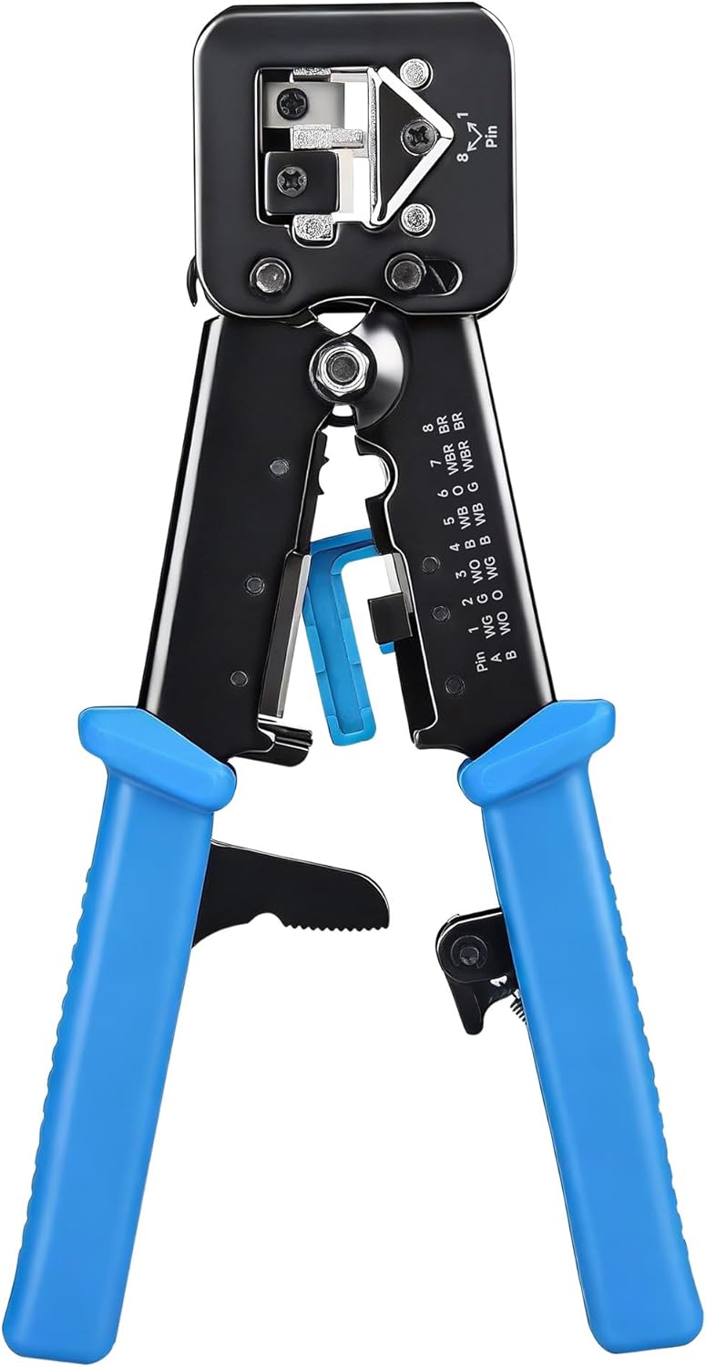 Modular RJ45 Crimp Tool for Pass-Through Connectors (Pass-Through Ethernet Crimper) with Built-in Wire Cutter and Stripper - 10-Pack Cat6 RJ45 Connectors Included - Image 1