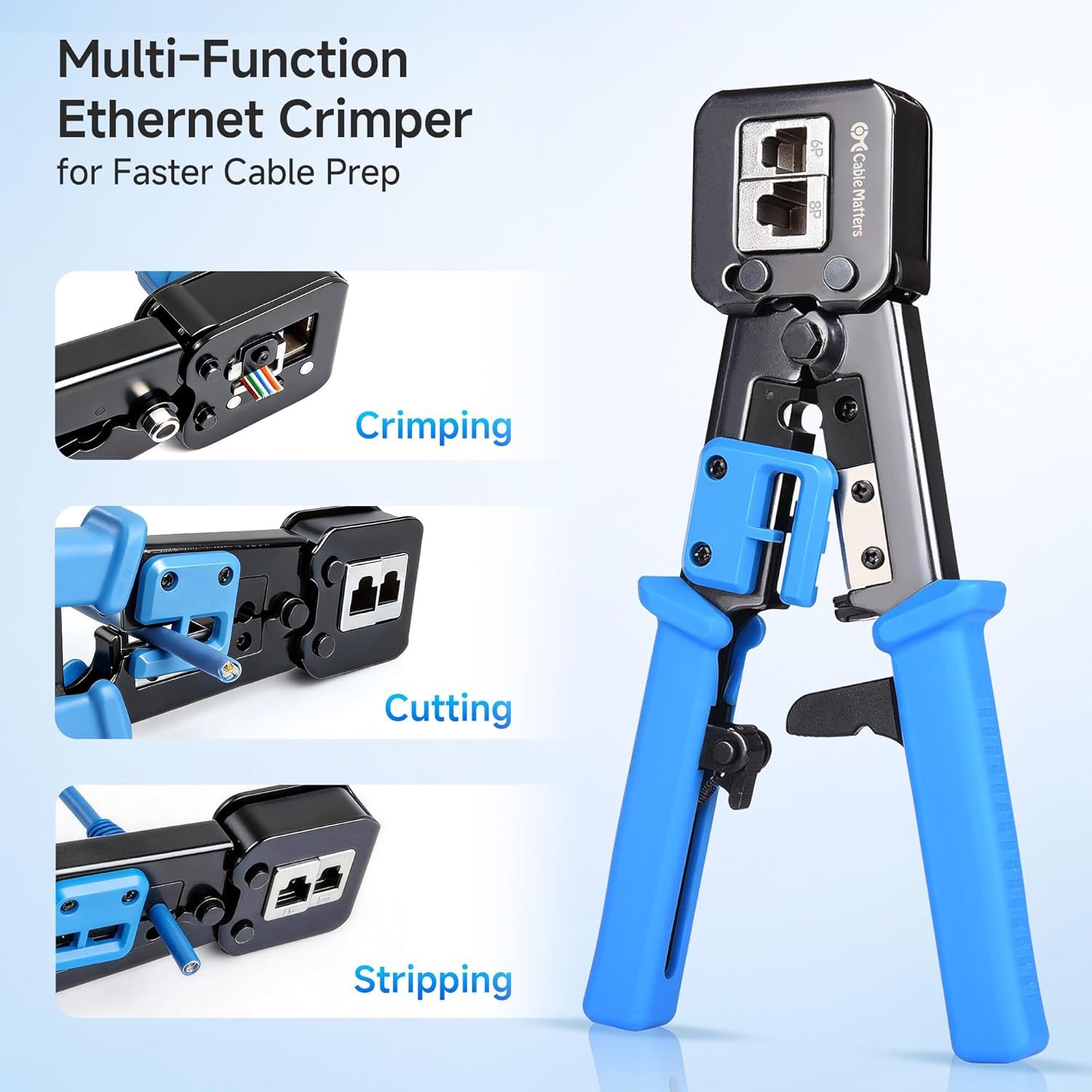 Modular RJ45 Crimp Tool for Pass-Through Connectors (Pass-Through Ethernet Crimper) with Built-in Wire Cutter and Stripper - 10-Pack Cat6 RJ45 Connectors Included - Image 2