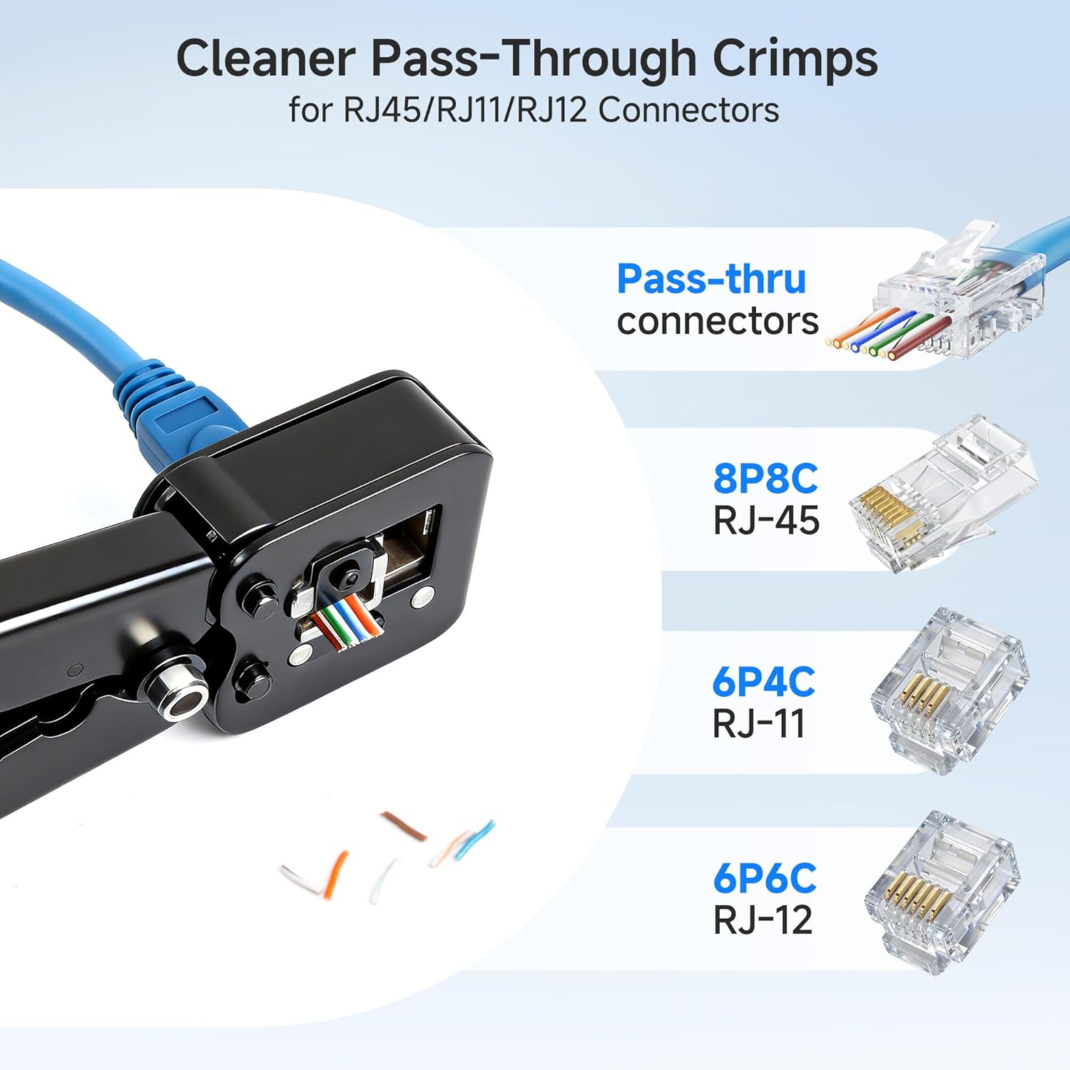 Modular RJ45 Crimp Tool for Pass-Through Connectors (Pass-Through Ethernet Crimper) with Built-in Wire Cutter and Stripper - 10-Pack Cat6 RJ45 Connectors Included - Image 3