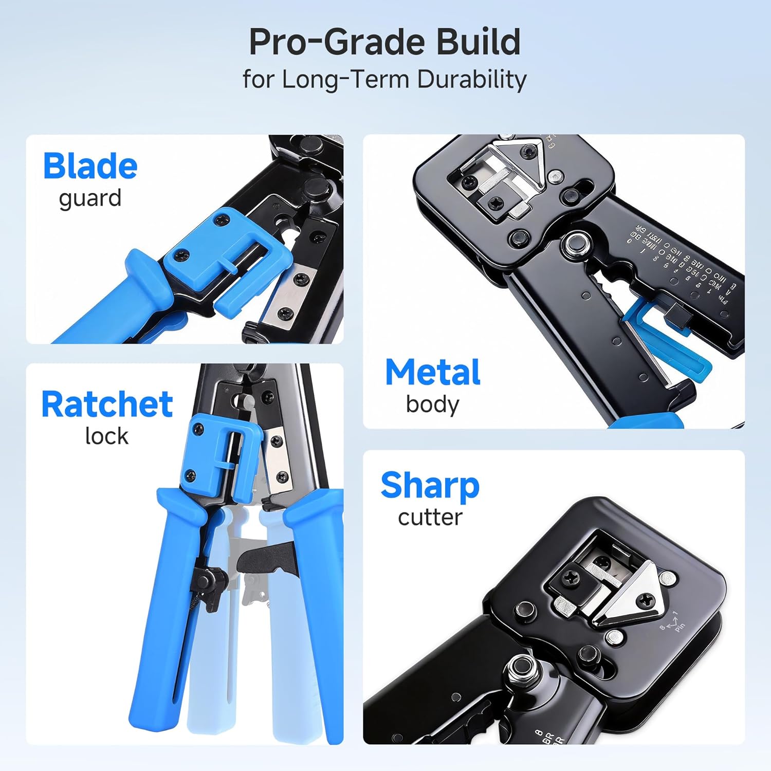 Modular RJ45 Crimp Tool for Pass-Through Connectors (Pass-Through Ethernet Crimper) with Built-in Wire Cutter and Stripper - 10-Pack Cat6 RJ45 Connectors Included - Image 4