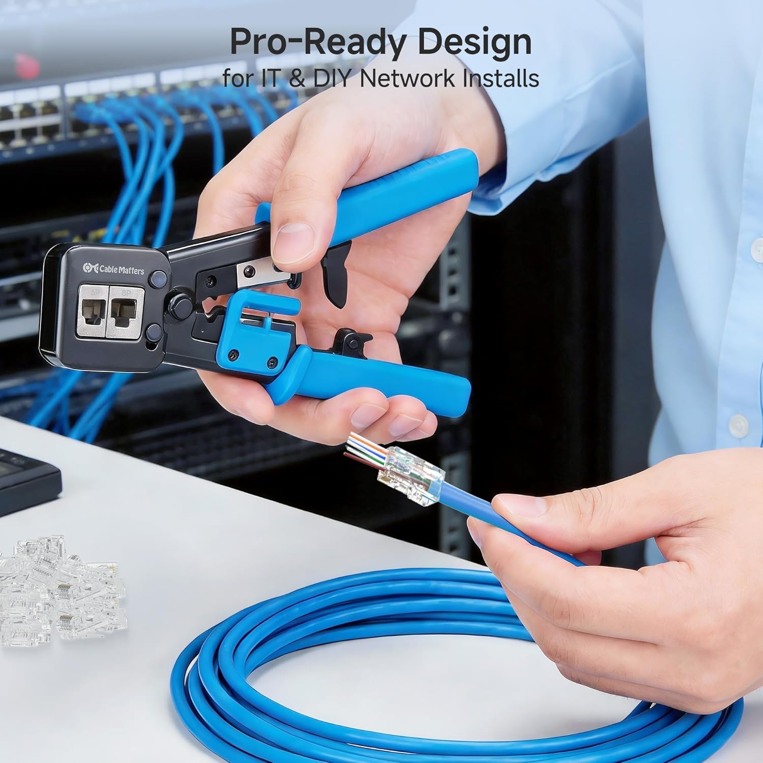 Modular RJ45 Crimp Tool for Pass-Through Connectors (Pass-Through Ethernet Crimper) with Built-in Wire Cutter and Stripper - 10-Pack Cat6 RJ45 Connectors Included - Image 6