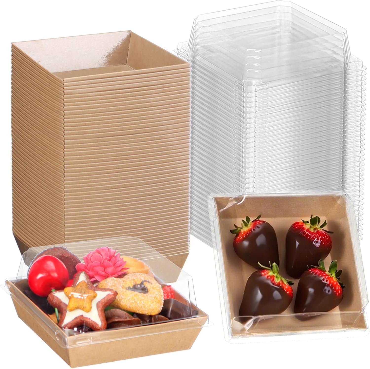100Pack 4x4x2.5 Inches Charcuterie Boxes with Clear Lids - Bakery, Chocolate Covered Strawberries, Cupcake, Pie, Treat, Macaron Boxes for Christmas, Valentine's - Image 1