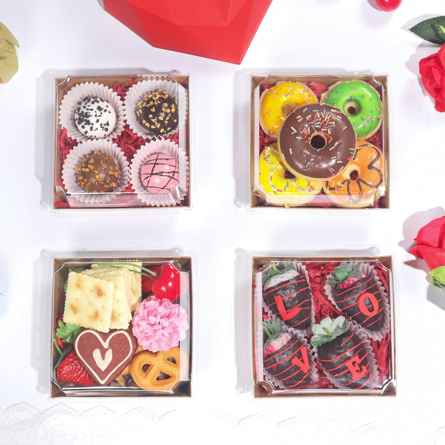 100Pack 4x4x2.5 Inches Charcuterie Boxes with Clear Lids - Bakery, Chocolate Covered Strawberries, Cupcake, Pie, Treat, Macaron Boxes for Christmas, Valentine's - Image 4