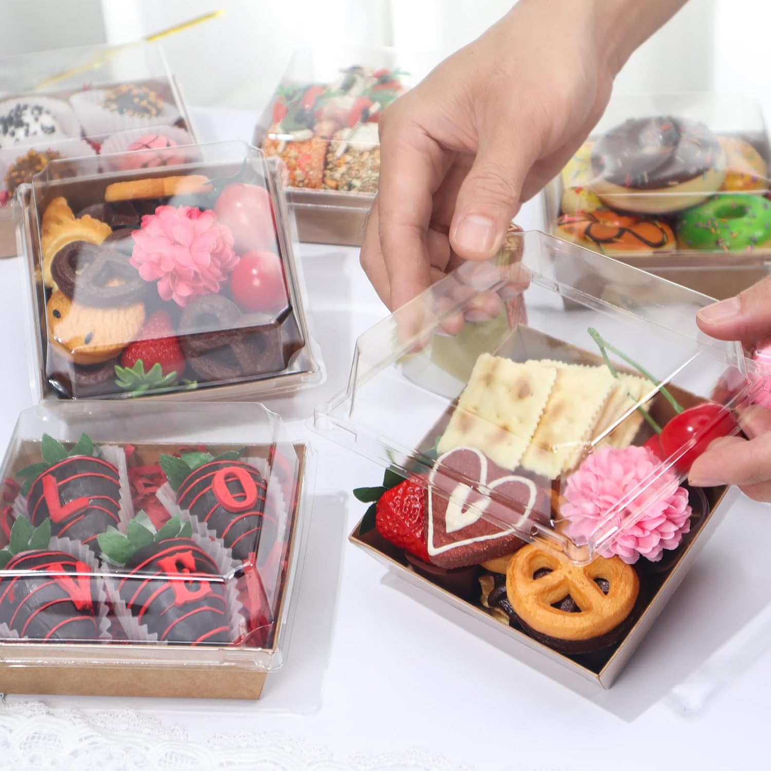 100Pack 4x4x2.5 Inches Charcuterie Boxes with Clear Lids - Bakery, Chocolate Covered Strawberries, Cupcake, Pie, Treat, Macaron Boxes for Christmas, Valentine's - Image 5