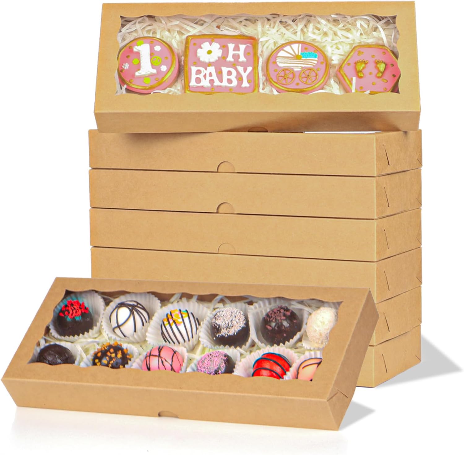 50pcs 12x5x1.5Inches Brown Cookies Boxes. with Window Bakery Boxes Chocolate Truffle Boxes Macaron Boxes Cakesickle Boxes Browines Treat Boxes for Christmas Valentine's Father's Mother's Day - Image 1